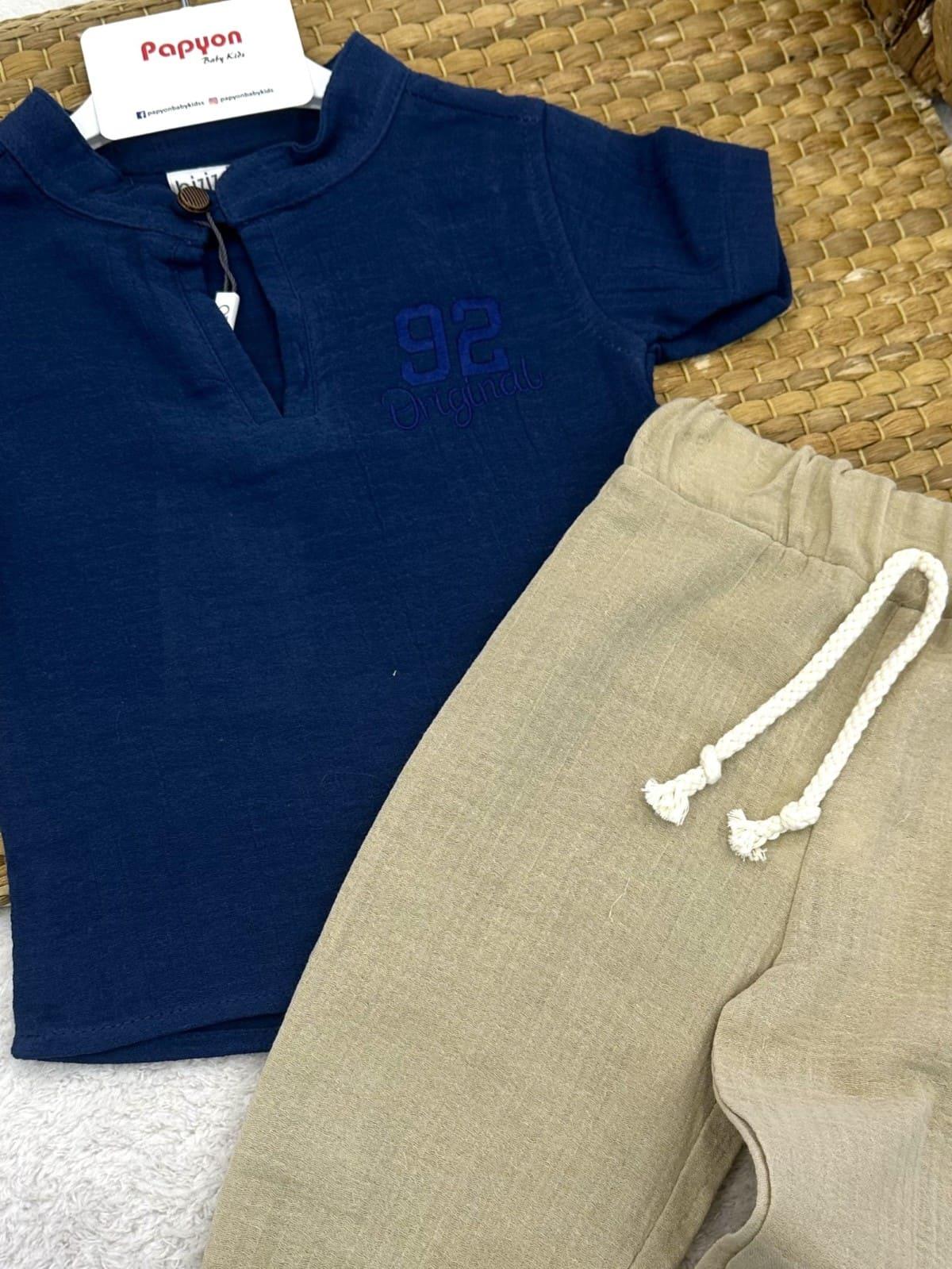 92 Original Nakışlı Gömlek Pantolon Erkek Bebek Müslin Takım (6-9/9-12/12-18/18-24 Ay)