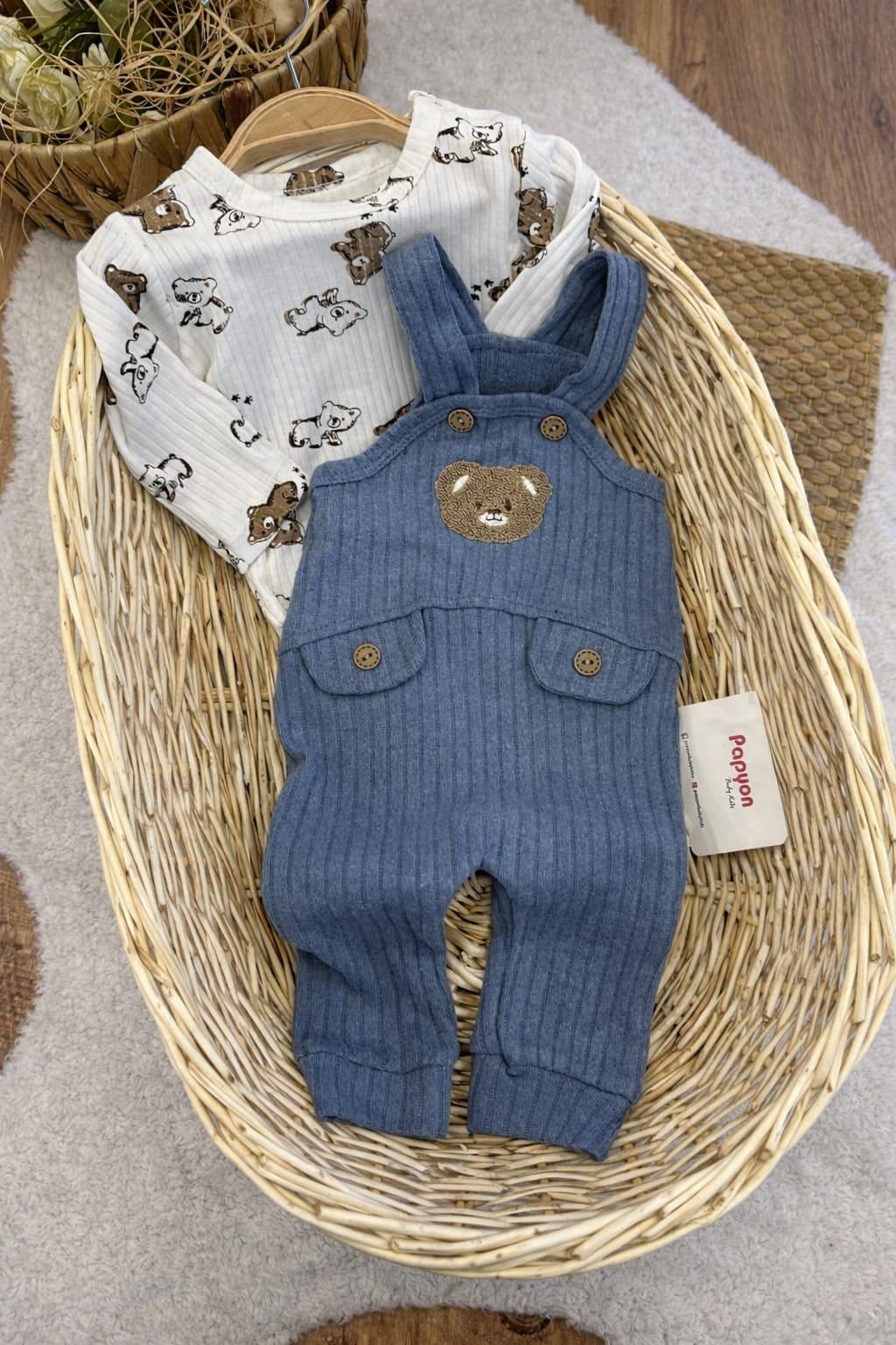 Ayıcıklı Badili Salopetli Erkek Bebek Takım  (3-6/6-9/9-12/12-18 Ay)
