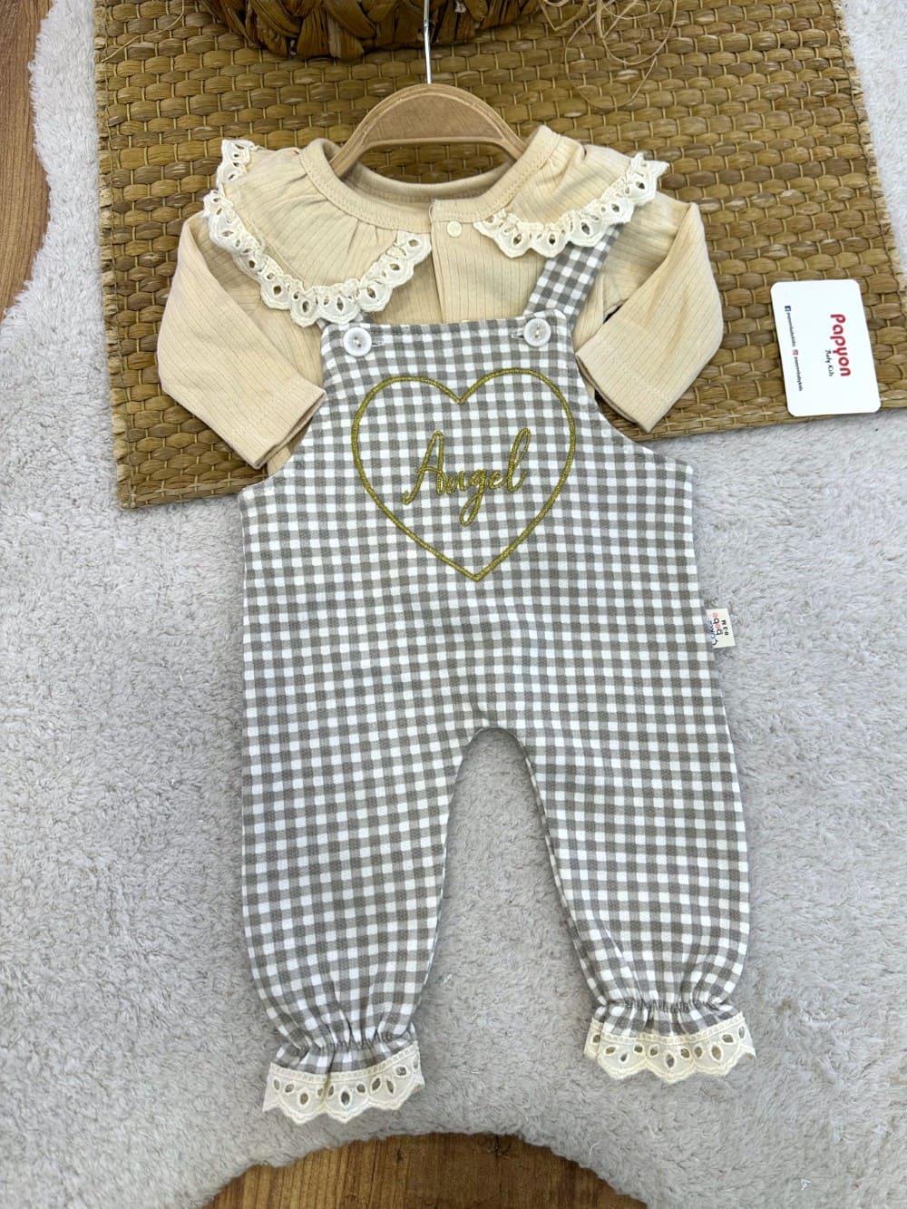 Güpürlü Badili Angel Nakışlı Salopetli Kız Bebek Takım (0-3/3-6/6-9/9-12 Ay)
