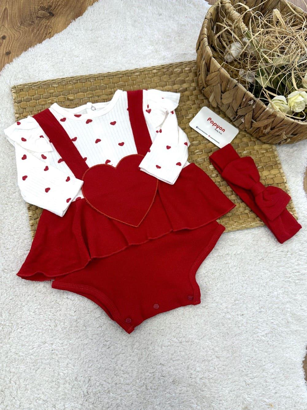 Kalp Desenli Bandanalı Kız Bebek Romper Badi (3-6/6-9/9-12/12-18 Ay)