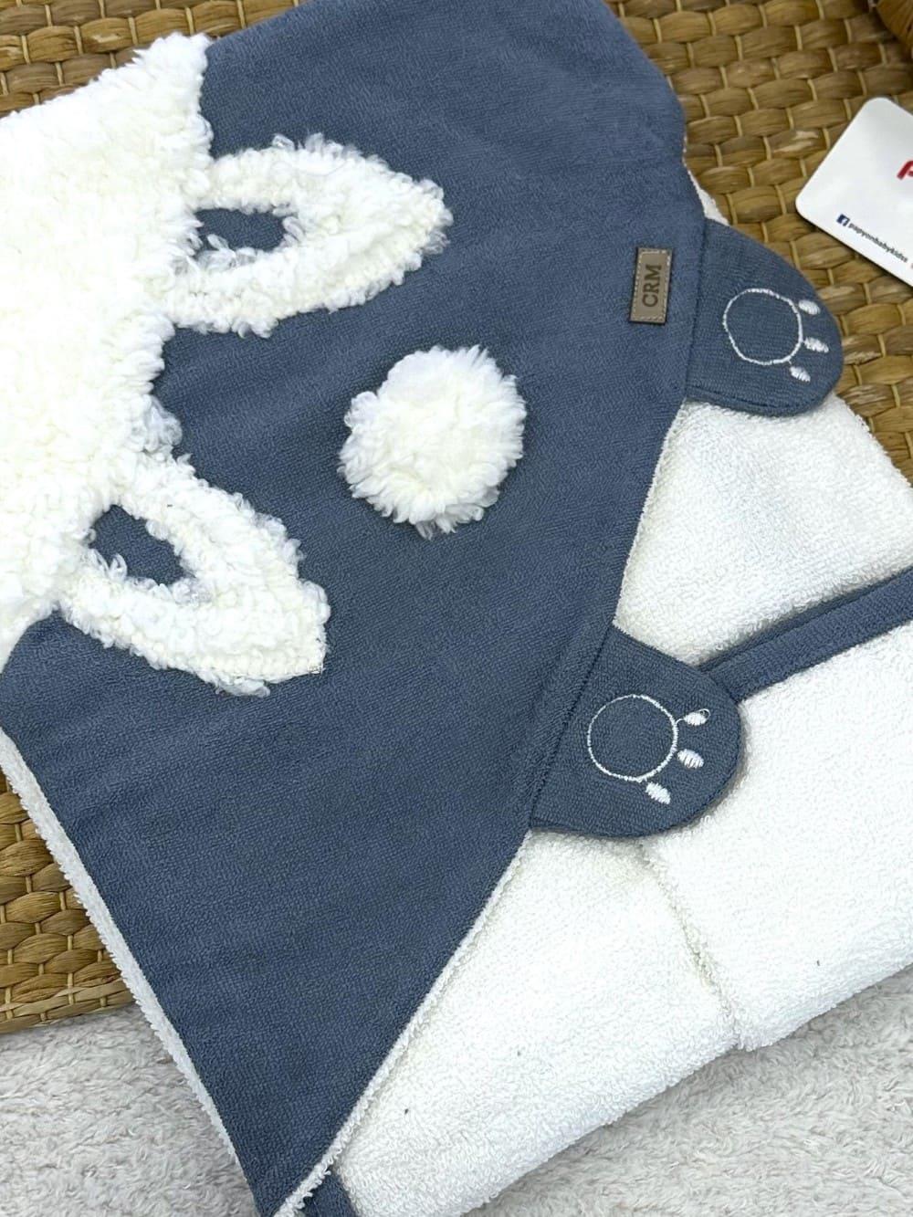 Peluş Ayı Nakışlı Kapşonlu Bebek Havlu + Kese 82X90 Cm