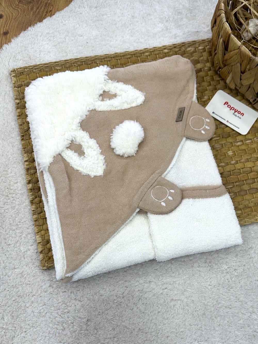 Peluş Ayı Nakışlı Kapşonlu Bebek Havlu + Kese 82X90 Cm