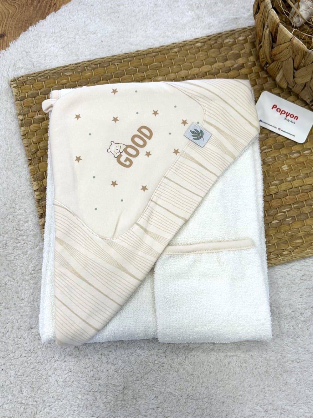 Yıldız Good Baskılı Kapşonlu Bebek Havlu + Kese 82X90 Cm