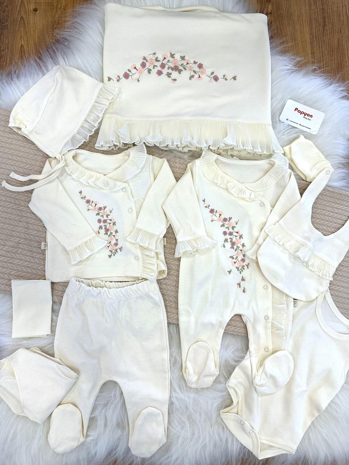 Piliseli Çiçek Nakışlı Yenidoğan Kız Bebek Natural 10lu Hastane Çıkış Seti