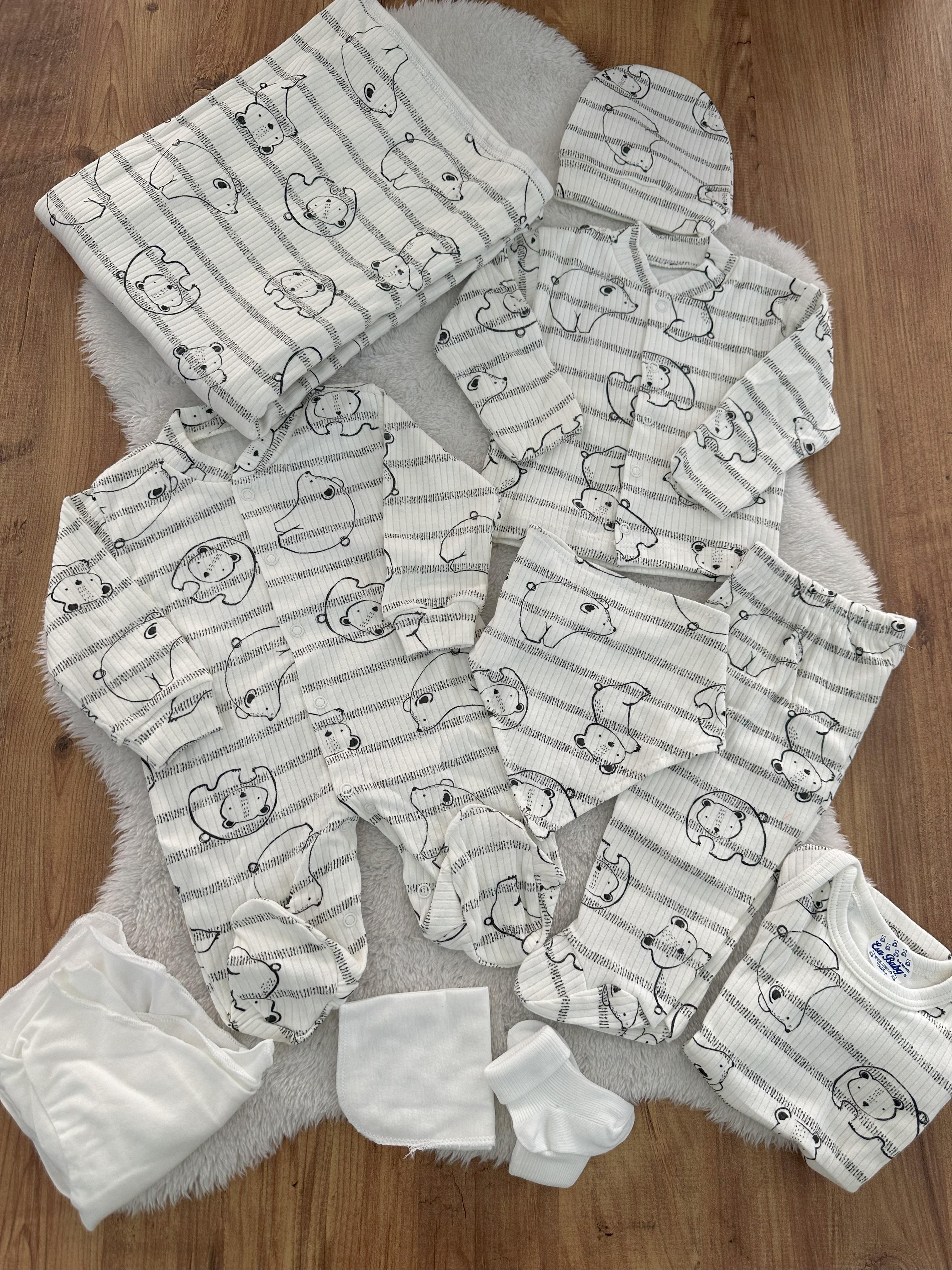 Ayı Baskılı Raporlu Tulumlu Erkek Bebek Organik 10lu Zıbın Set Hastane Çıkışı