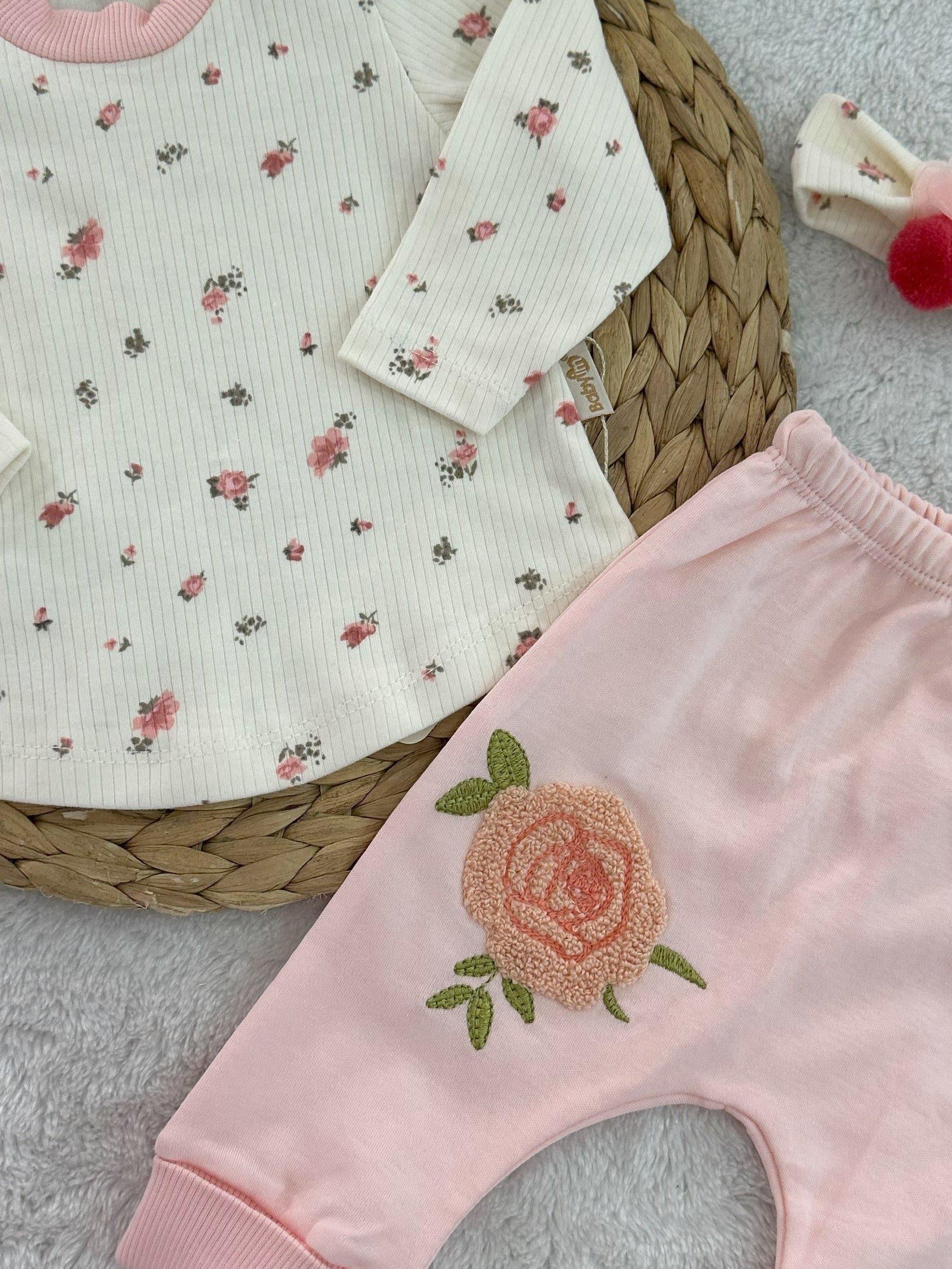 Çiçek Desen Kız Bebek Bandanalı 3lü Takım 0-3/3-6/6-9 Ay