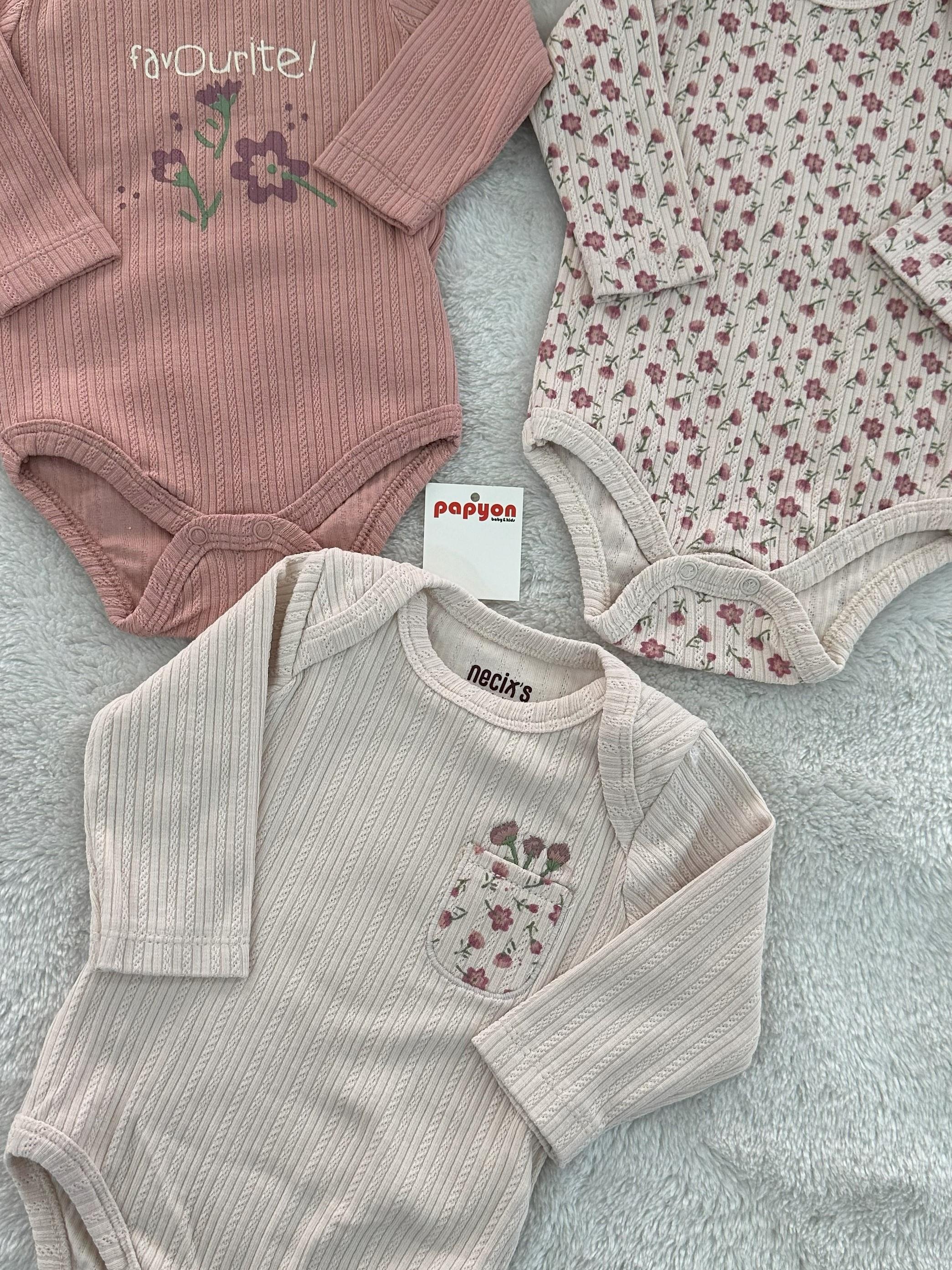 Ecris Çiçek Desenli Kız Bebek 3lü Çıtçıtlı Badi 0-3/3-6 Ay