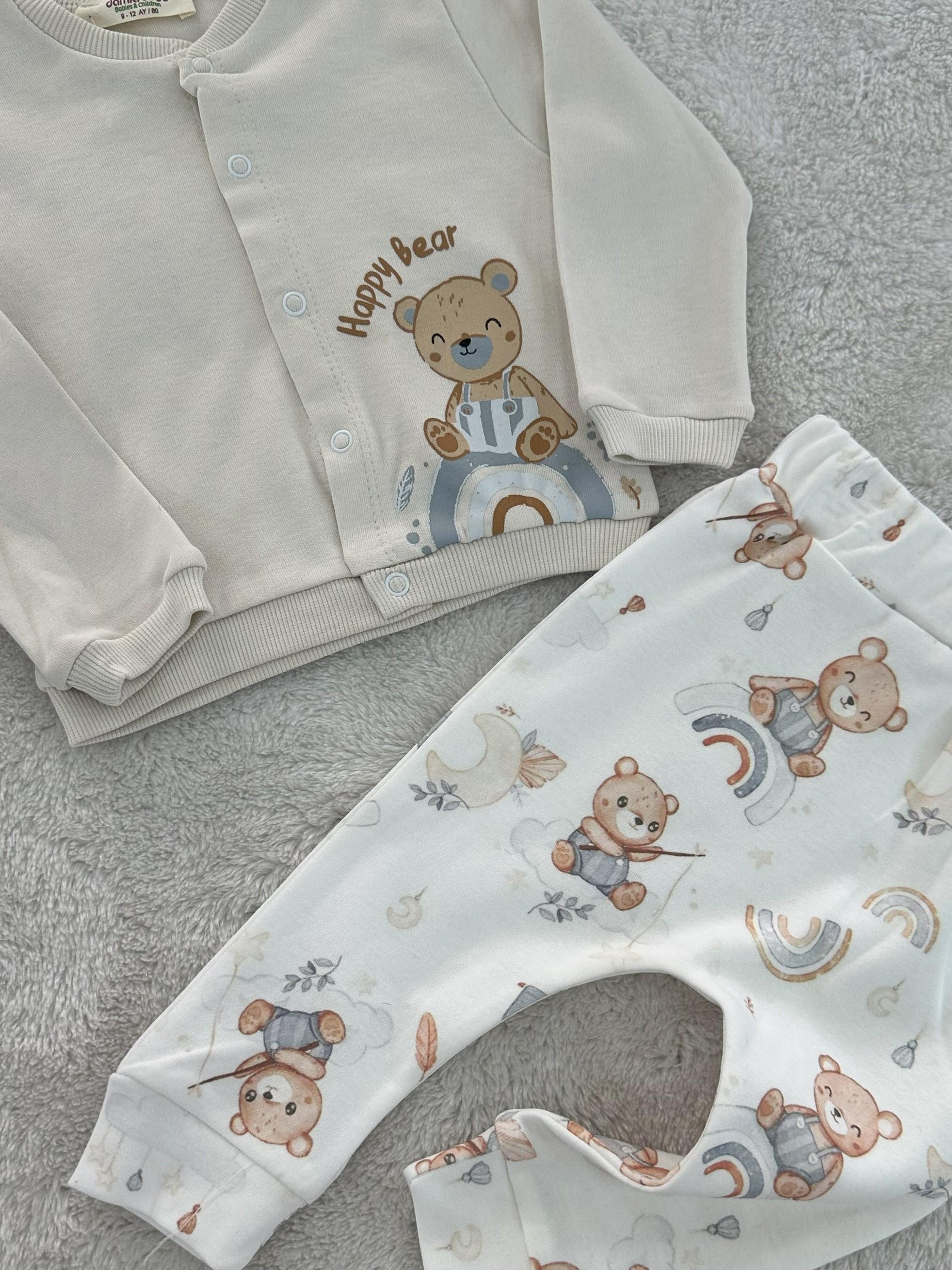 Happy Bear Baskılı Erkek Bebek Ceketli 2li Takım 3-6/9-12/12-18/18-24 Ay
