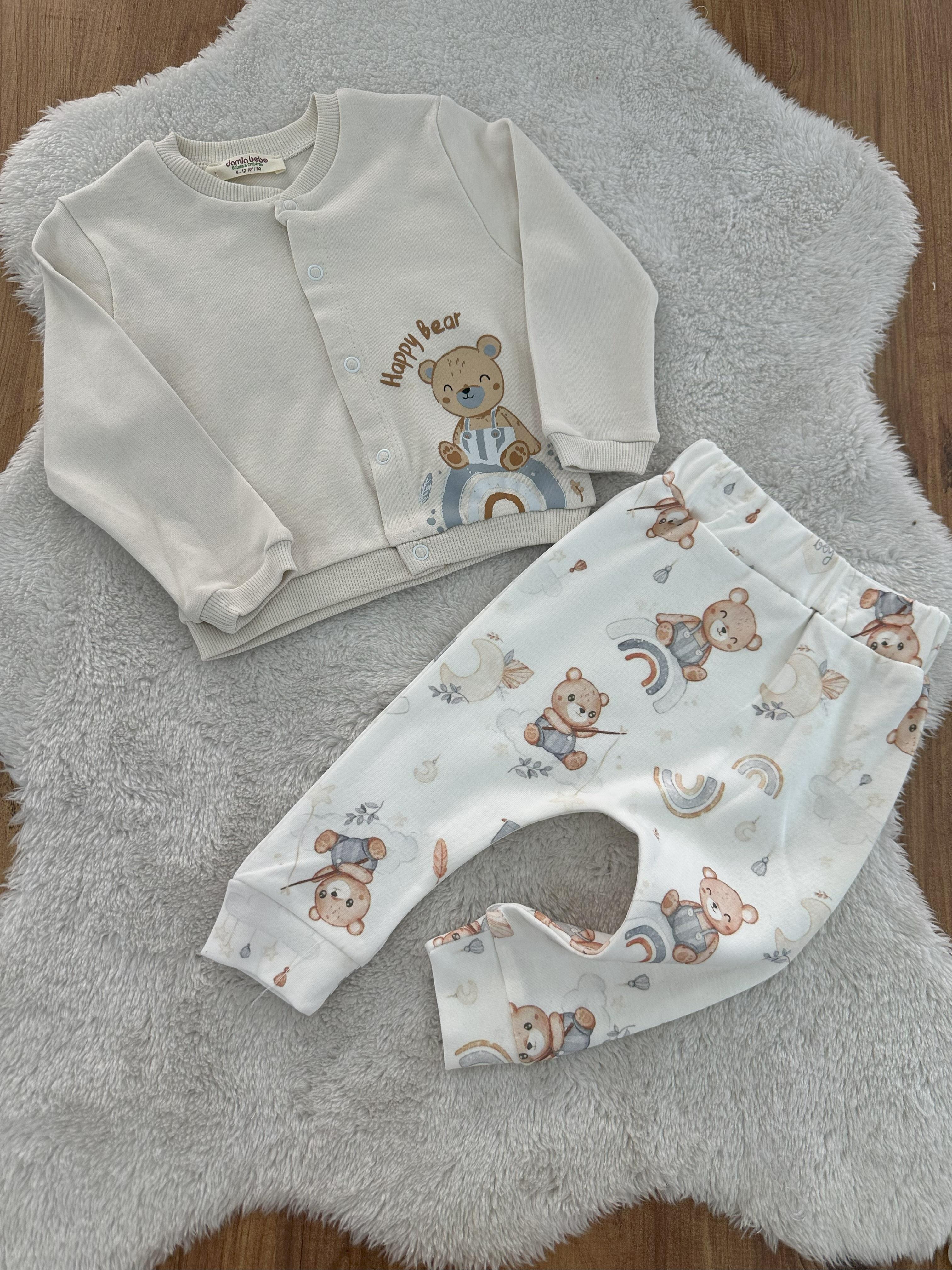 Happy Bear Baskılı Erkek Bebek Ceketli 2li Takım 3-6/9-12/12-18/18-24 Ay