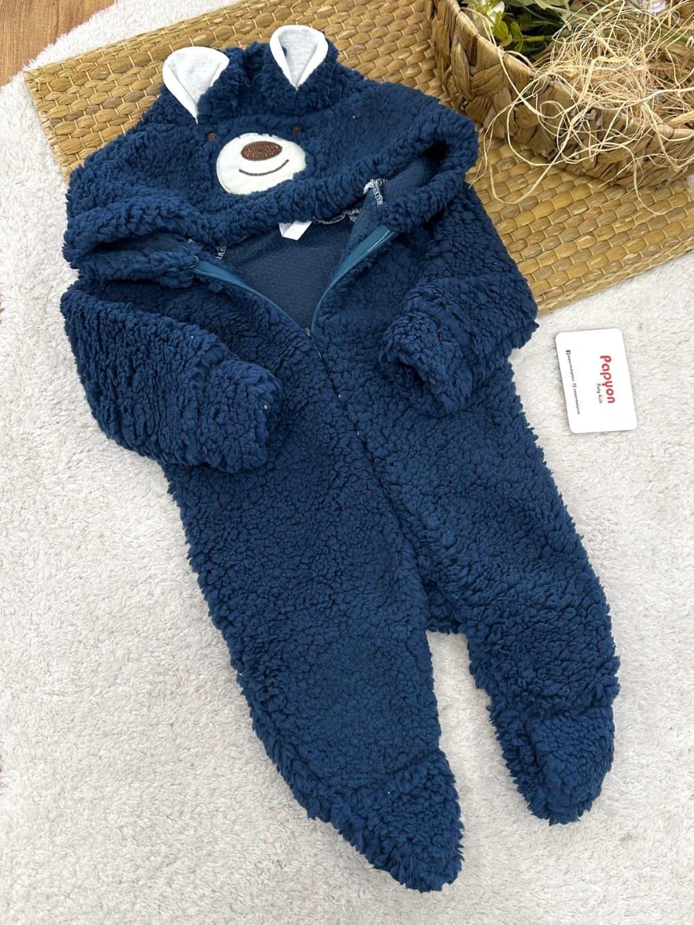 Ayı Nakışlı Kulaklı Kapşonlu Erkek Bebek Peluş Tulum (3-6/6-9/9-12 Ay)