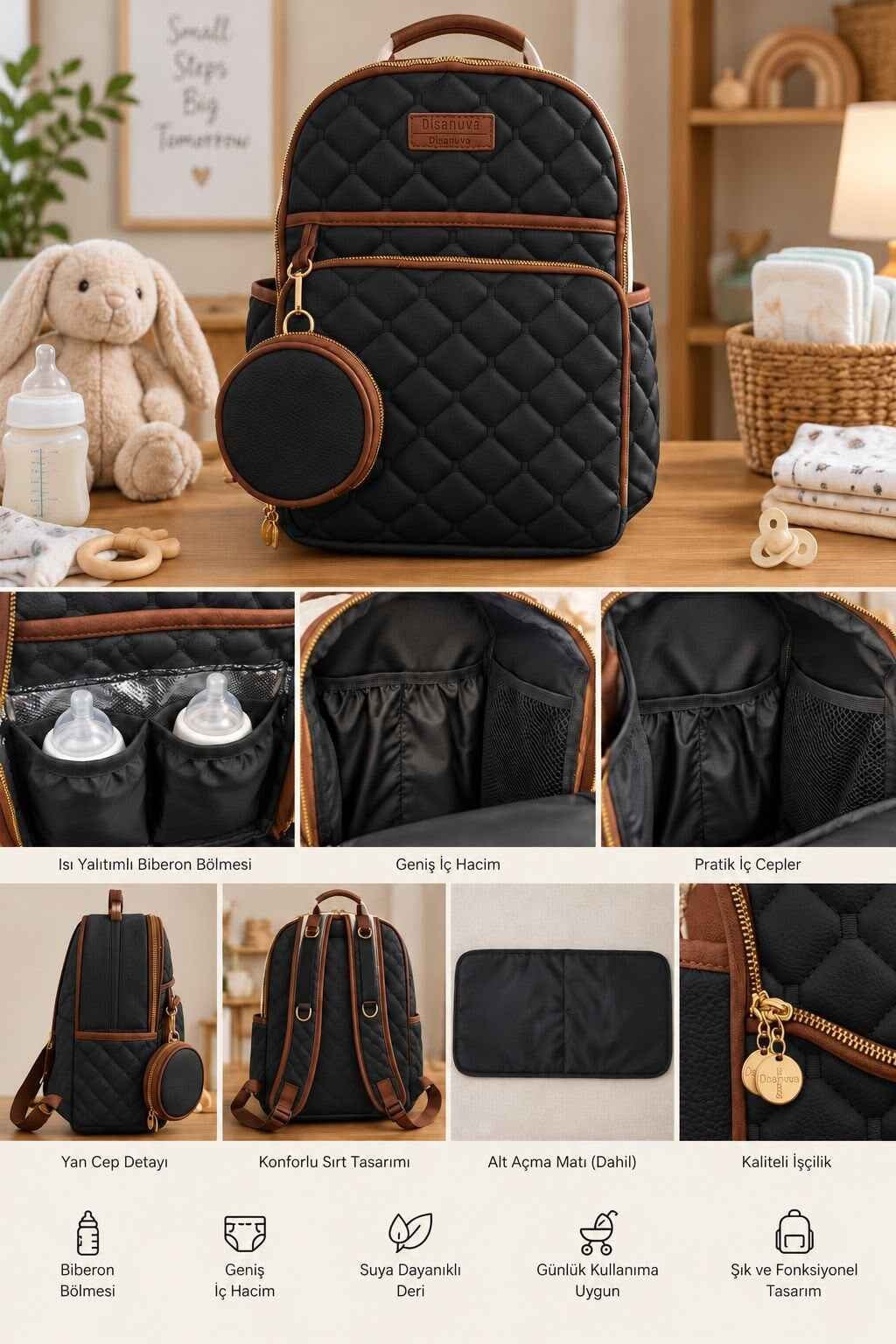 Kapitone Anne Bebek Bakım Sırt Çantası – Alt Açma Matı ve Mini Cüzdan Hediyeli (40×32×16 cm)