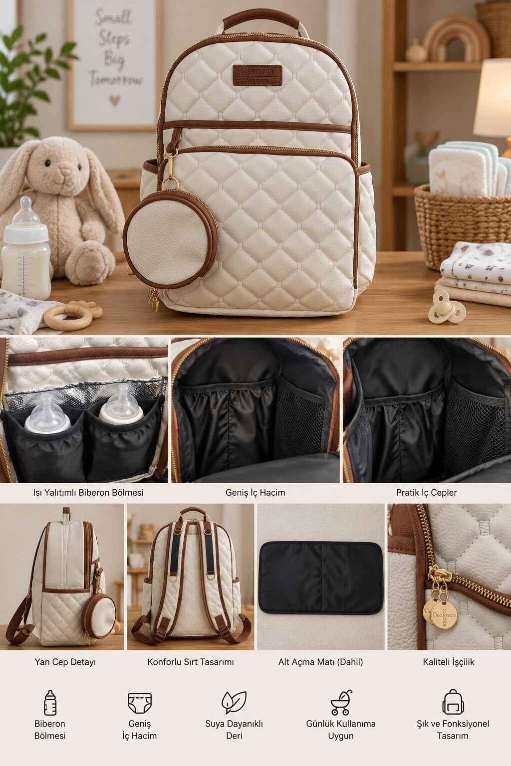 Kapitone Anne Bebek Bakım Sırt Çantası – Alt Açma Matı ve Mini Cüzdan Hediyeli (40×32×16 cm)