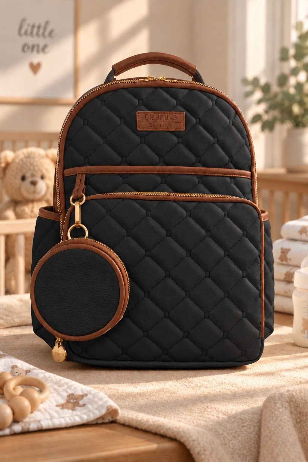 Kapitone Anne Bebek Bakım Sırt Çantası – Alt Açma Matı ve Mini Cüzdan Hediyeli (40×32×16 cm)