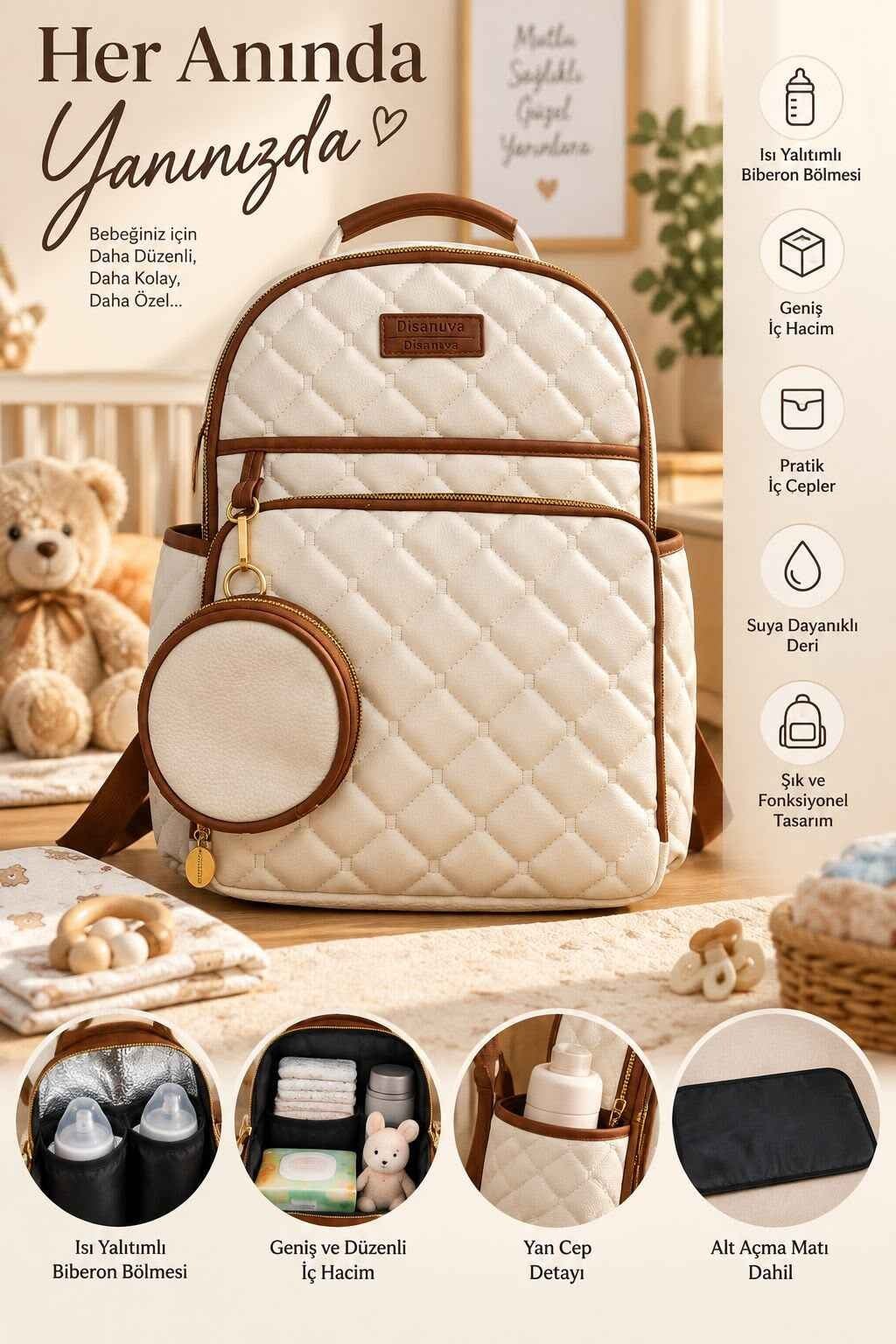 Kapitone Anne Bebek Bakım Sırt Çantası – Alt Açma Matı ve Mini Cüzdan Hediyeli (40×32×16 cm)