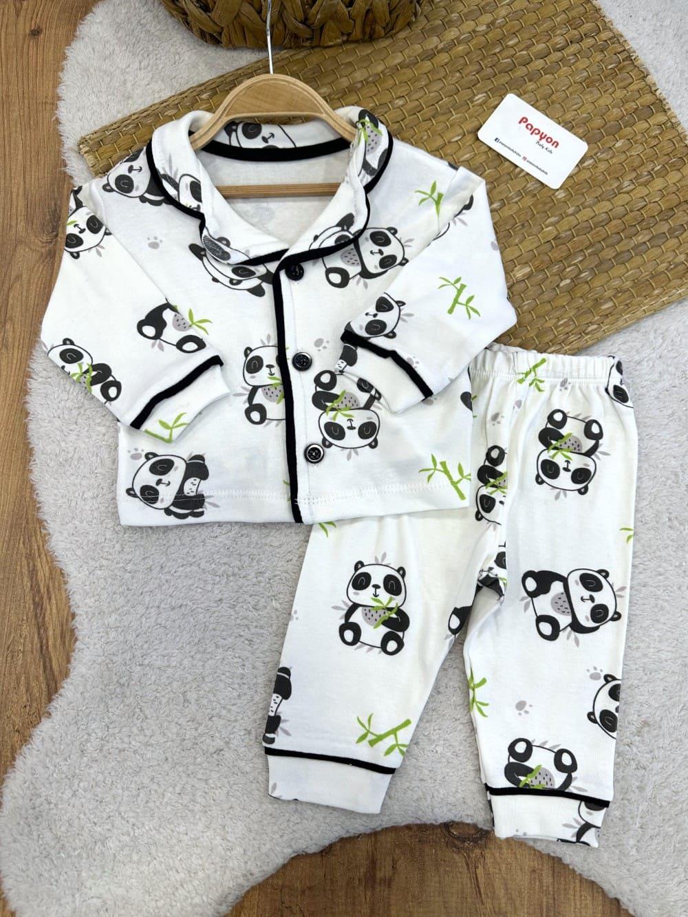Panda Baskılı Önden Düğmeli Bebek Pijama Takımı (6-9/9-12/12-18/18-24 Ay)