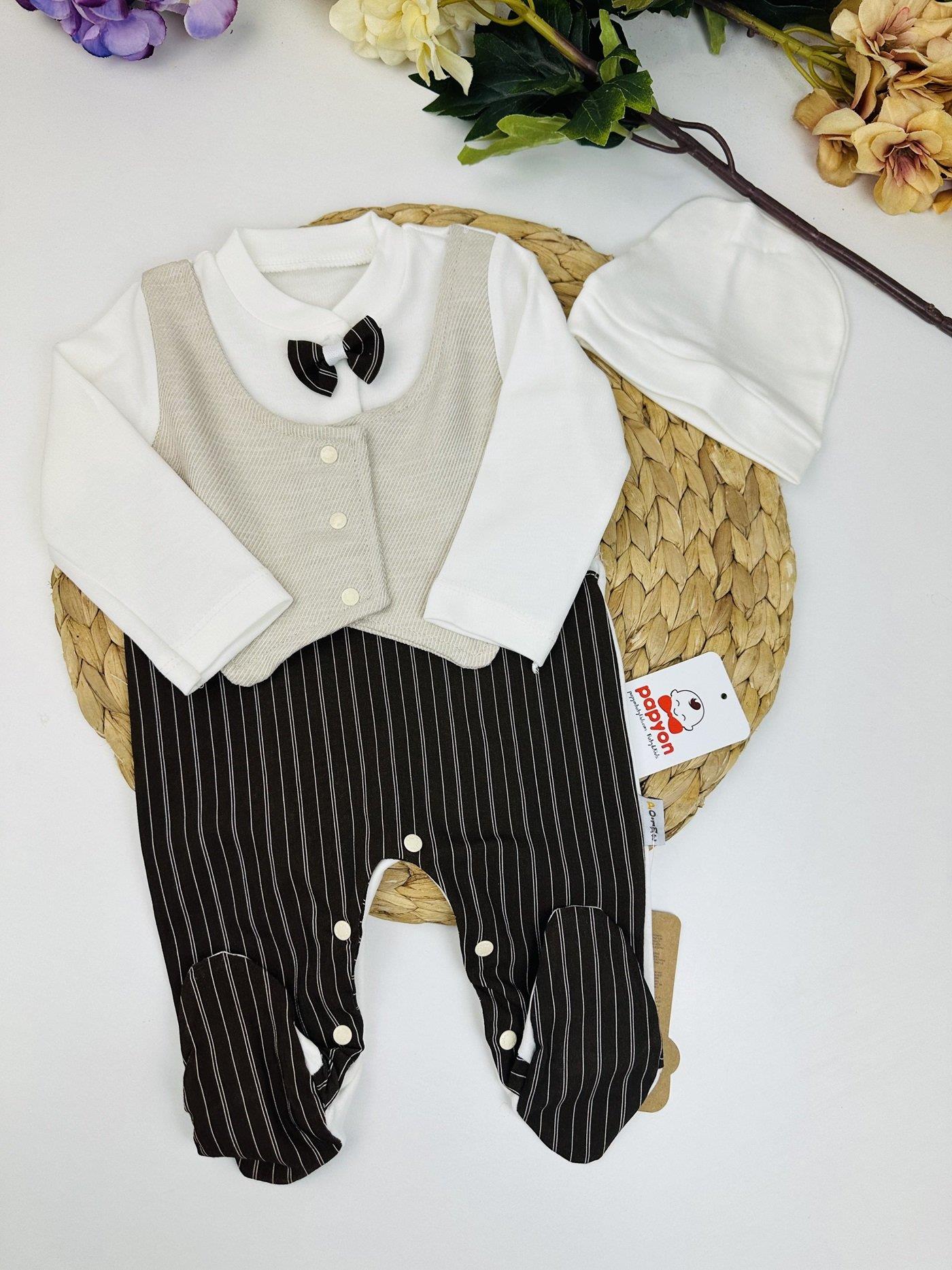 Düz Çizgili Erkek Bebek Bere Dokuma Tulum Set 0-3/3-6/6-9 Ay