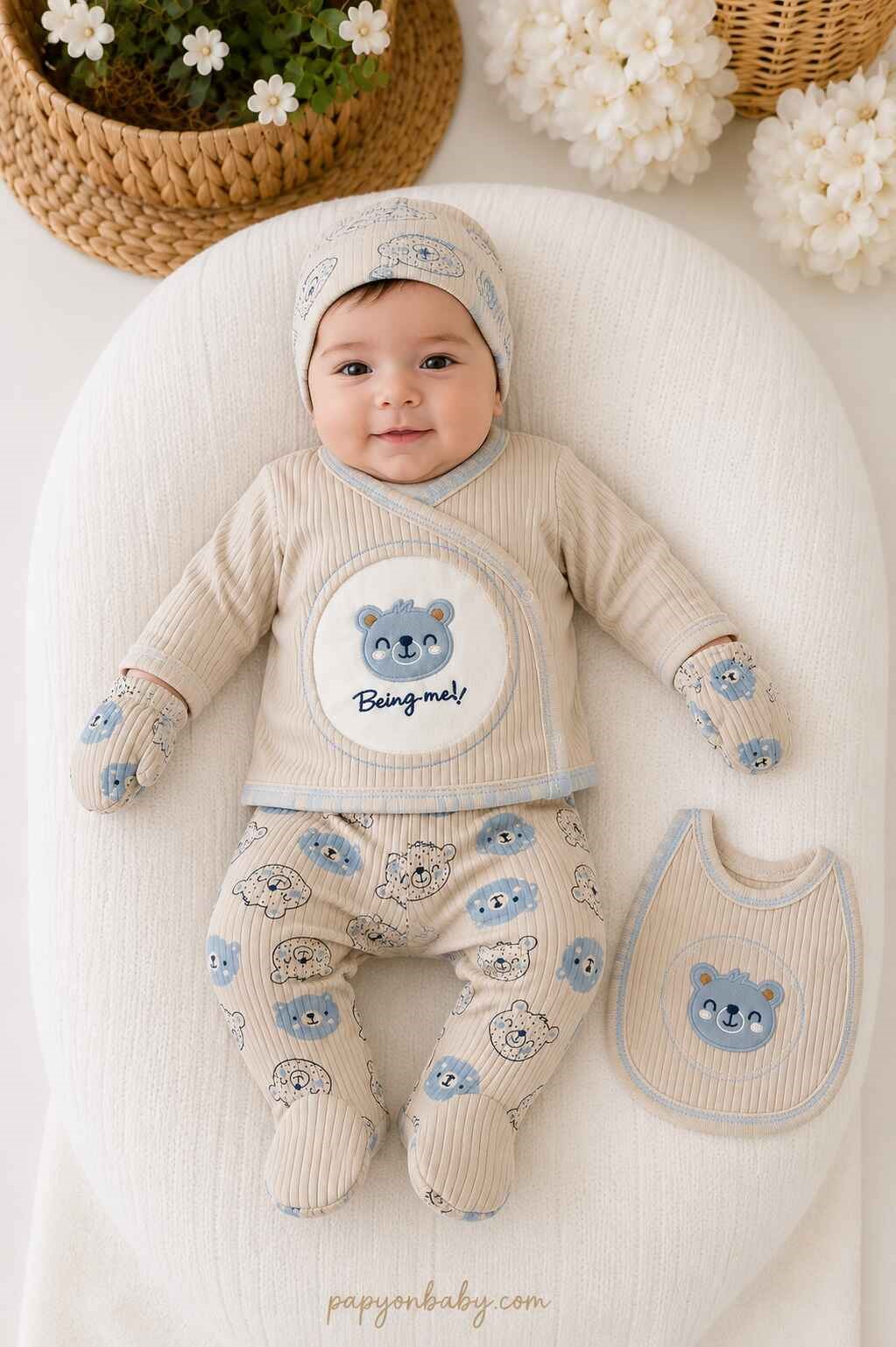 Ayıcık Nakışlı Erkek Bebek 5li Hastane Çıkışı Seti (%100 Pamuk)(0-3 Ay)
