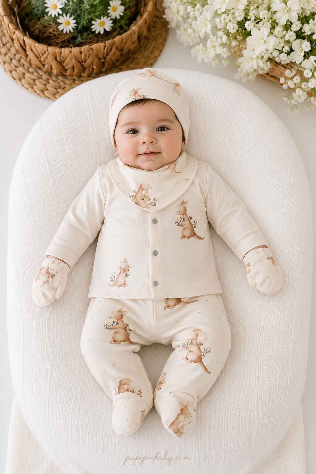Kanguru Desenli Erkek Bebek 5li Hastane Çıkışı Seti (%100 Pamuk)(0-3 Ay)