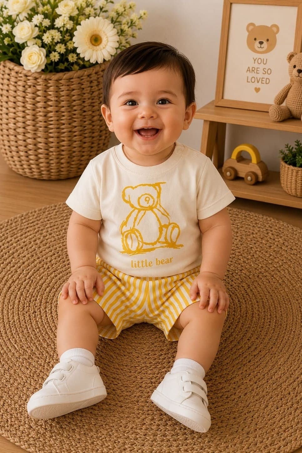 Ayıcık Baskılı Tişörtlü Çizgili Şortlu Erkek Bebek Takım (6-9/9-12/12-18 Ay)