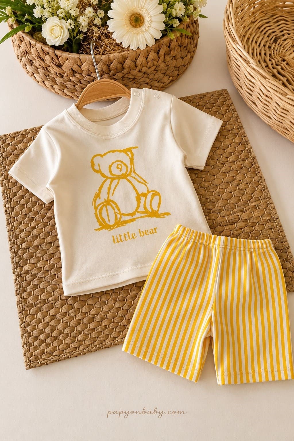 Ayıcık Baskılı Tişörtlü Çizgili Şortlu Erkek Bebek Takım (6-9/9-12/12-18 Ay)