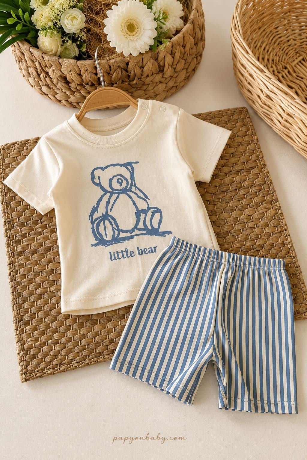 Ayıcık Baskılı Tişörtlü Çizgili Şortlu Erkek Bebek Takım (6-9/9-12/12-18 Ay)