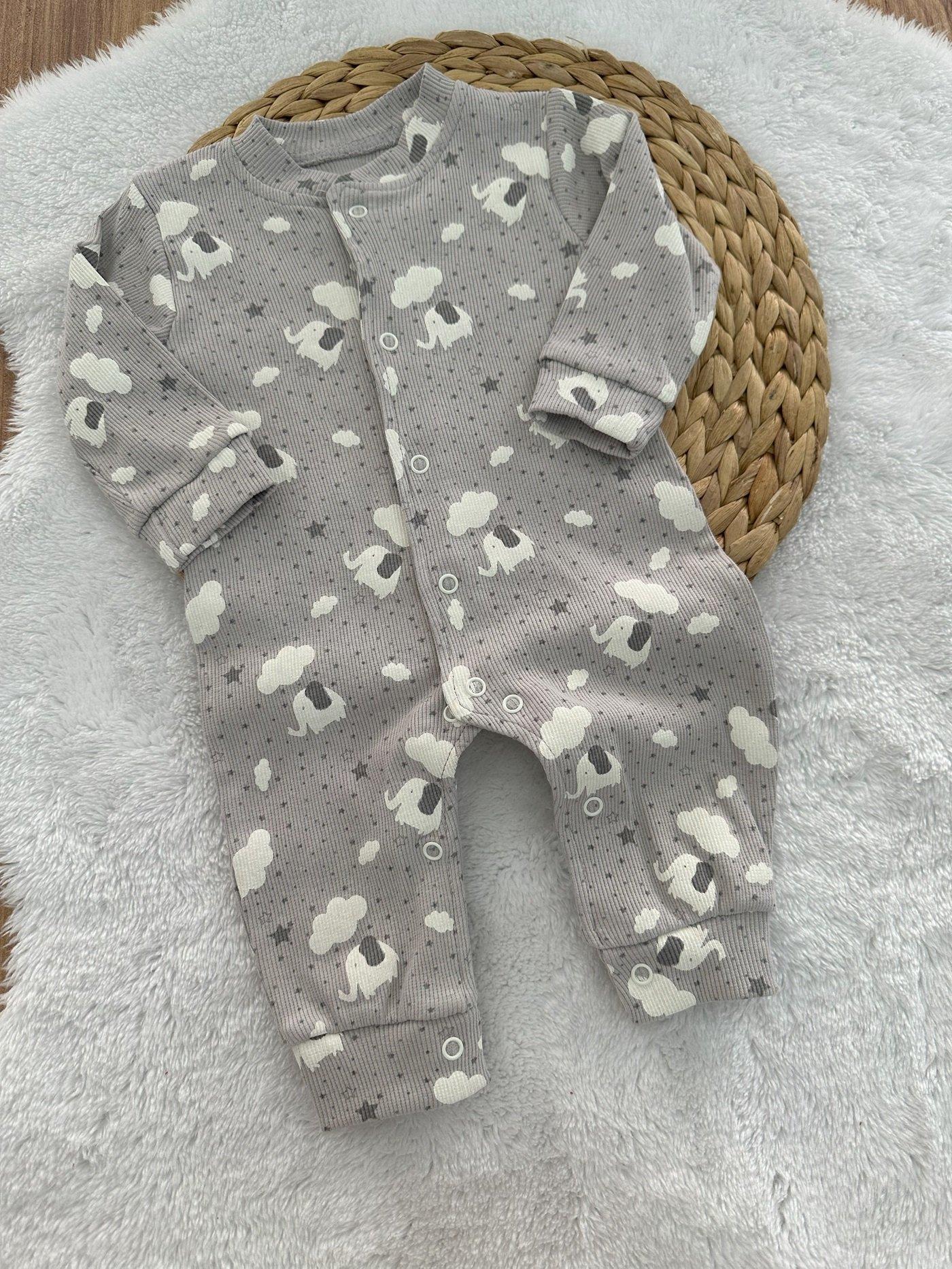 Fil Bulut Baskılı Fitilli Uniseks Bebek Tulum 0-3/3-6/6-9/9-12 Ay