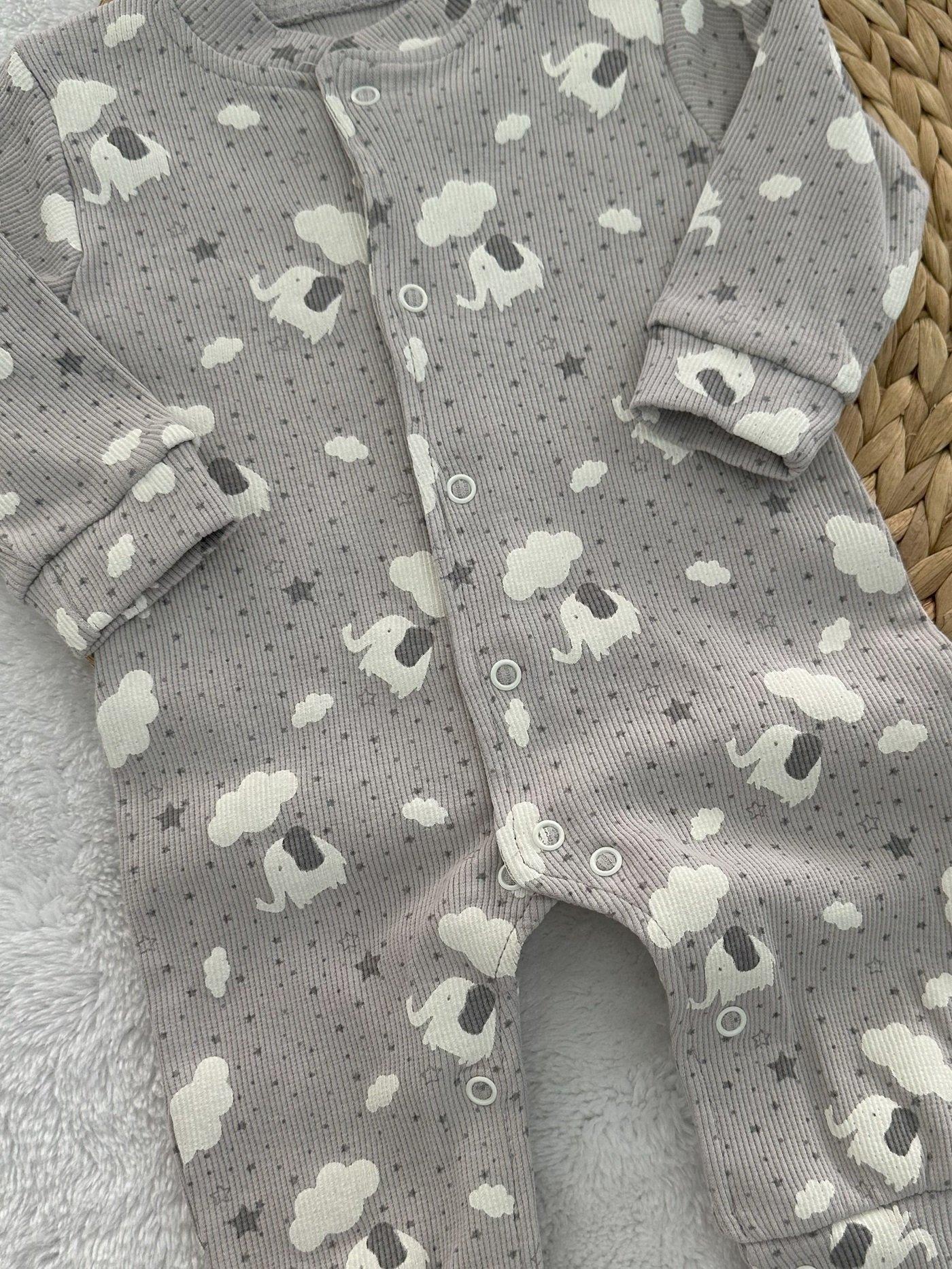 Fil Bulut Baskılı Fitilli Uniseks Bebek Tulum 0-3/3-6/6-9/9-12 Ay