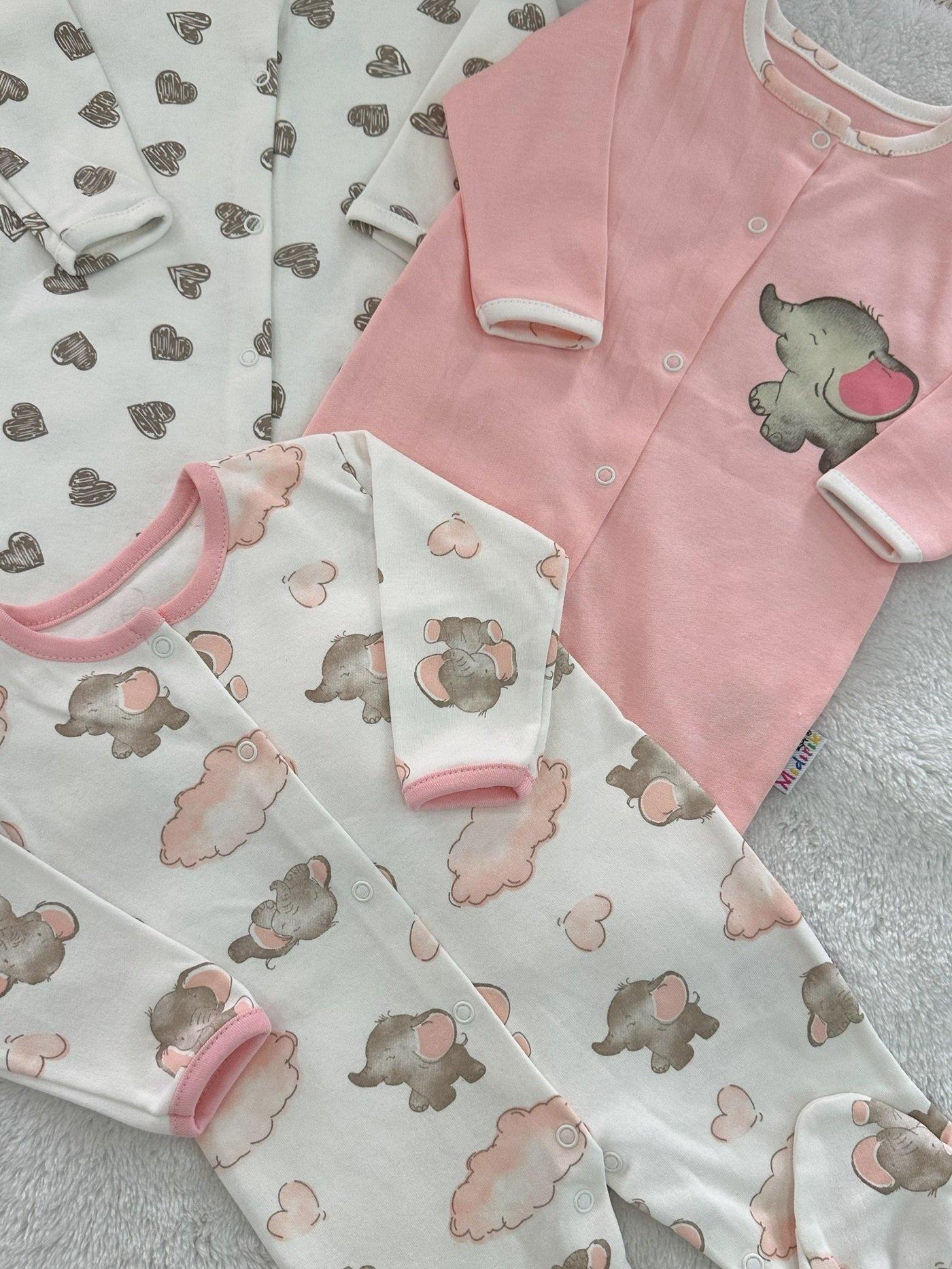 Fil Bulut Kalp Baskılı Kız Bebek Patikli 3lü Tulum Set 0-3/3-6/6-9 Ay