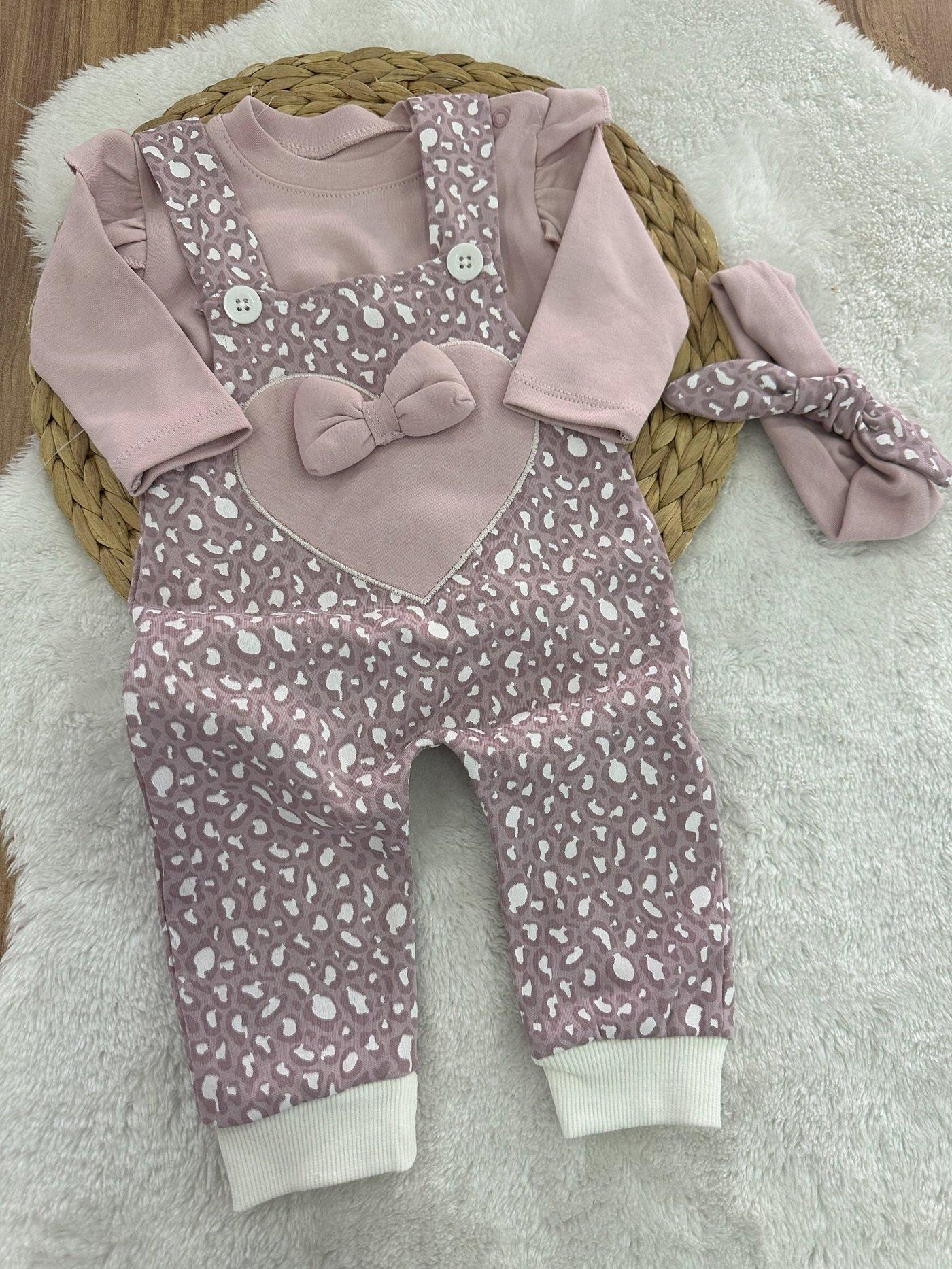 Fırfırlı Badili Bandanalı Kalp Nakışlı Fiyonklu Kız Bebek Salopet 3lü Takım 0-3/3-6/6-9/9-12 Ay