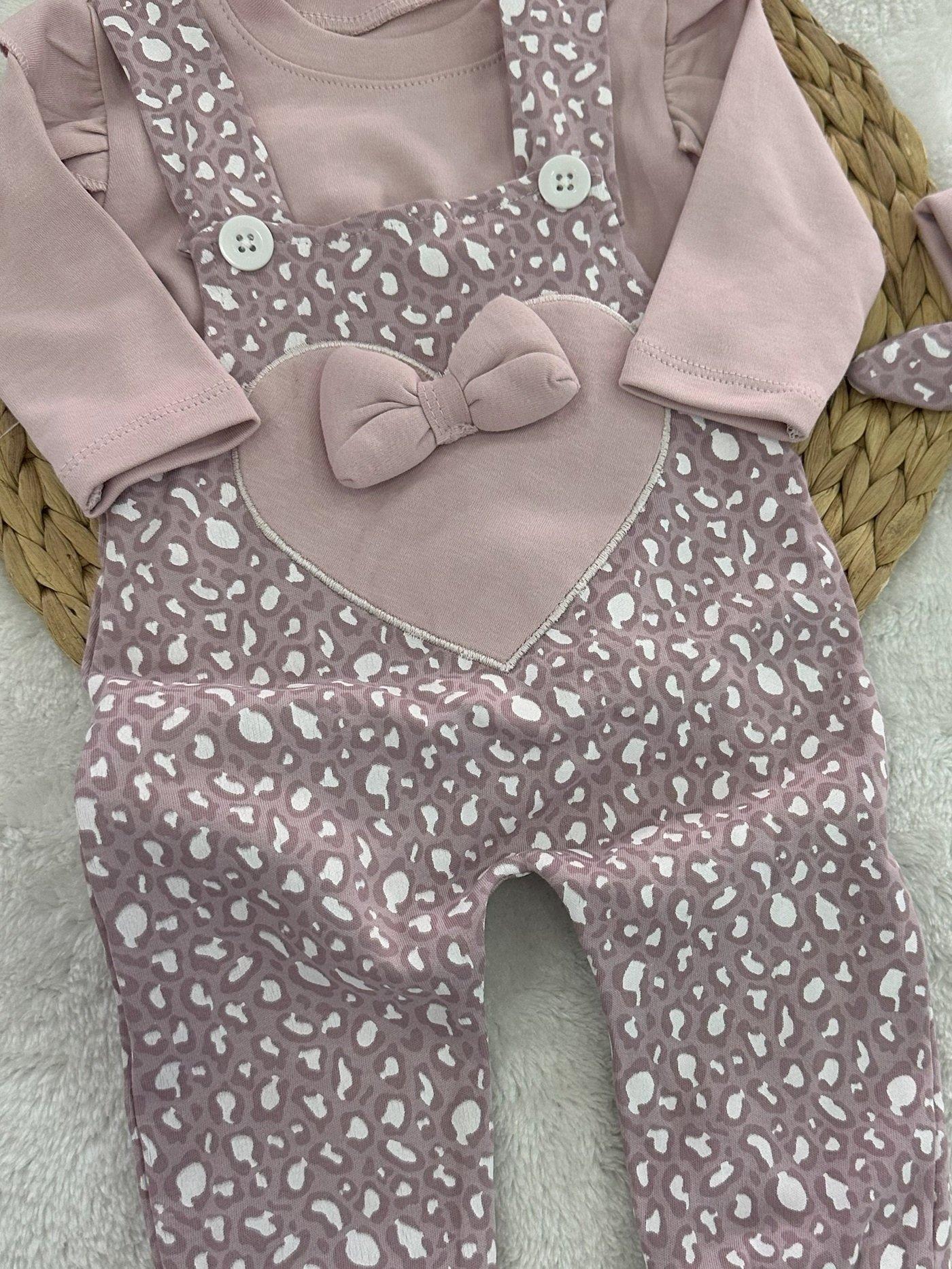 Fırfırlı Badili Bandanalı Kalp Nakışlı Fiyonklu Kız Bebek Salopet 3lü Takım 0-3/3-6/6-9/9-12 Ay