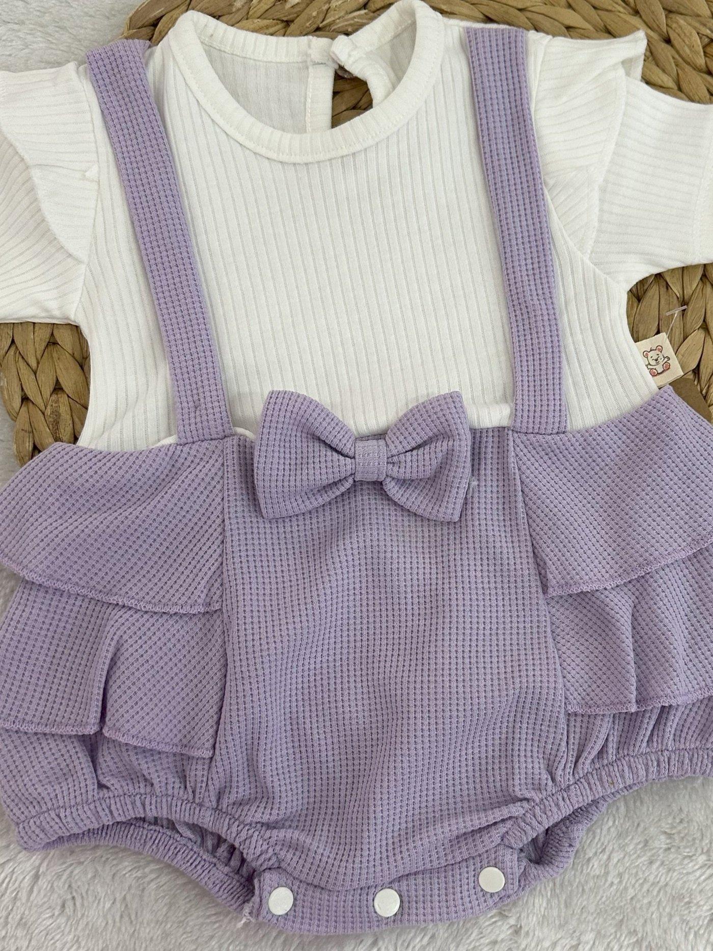 Fiyonklu Fırfırlı Kız Bebek Romper Bandana Set 3-6/6-9/9-12 Ay