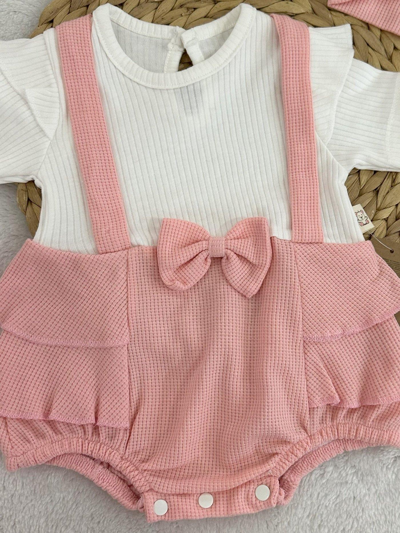Fiyonklu Fırfırlı Kız Bebek Romper Bandana Set 3-6/6-9/9-12 Ay