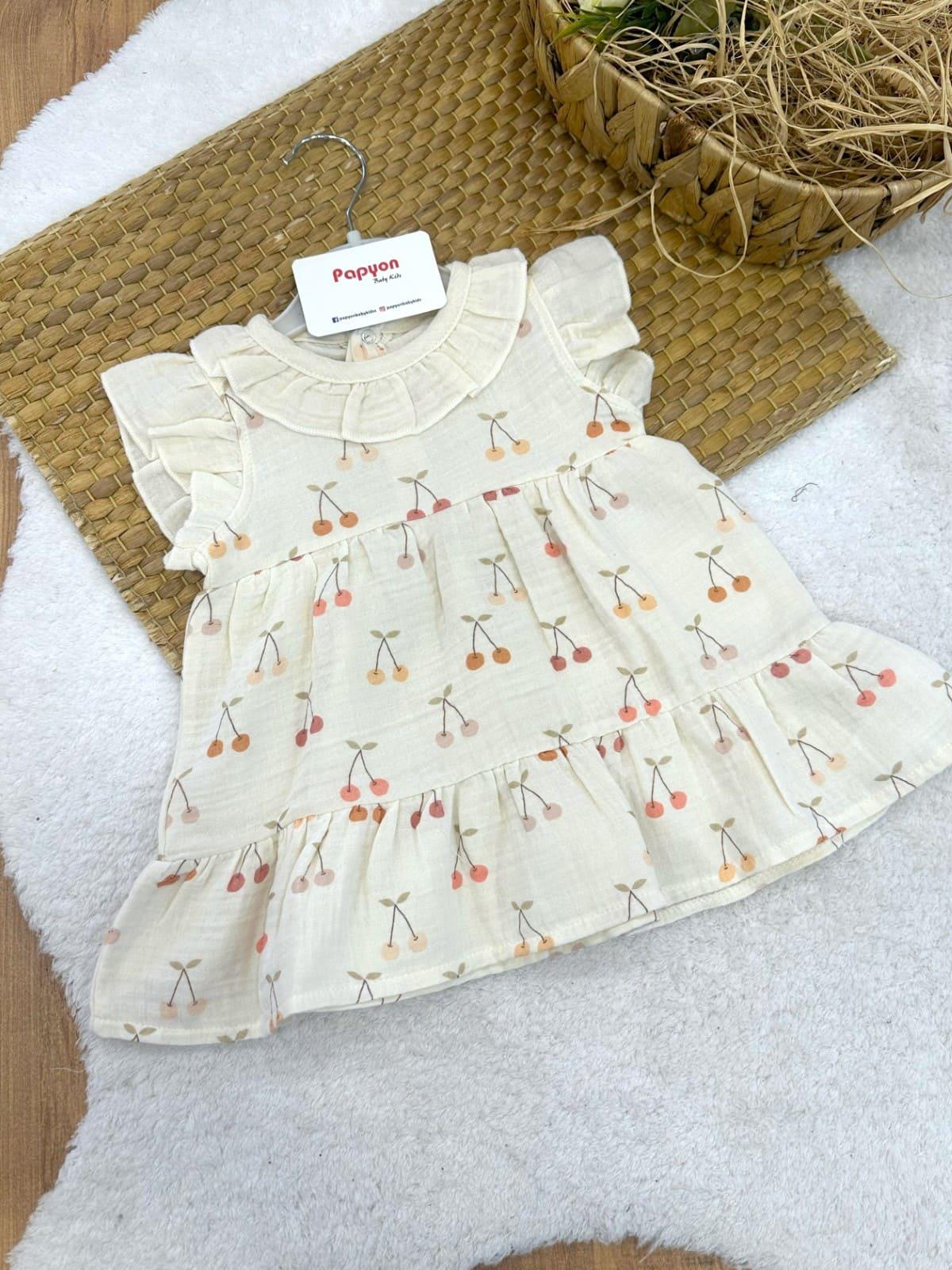 Kiraz Desenli Natural Kız Bebek Müslin Elbise (6-9/9-12/12-18/18-24/24-36 Ay)