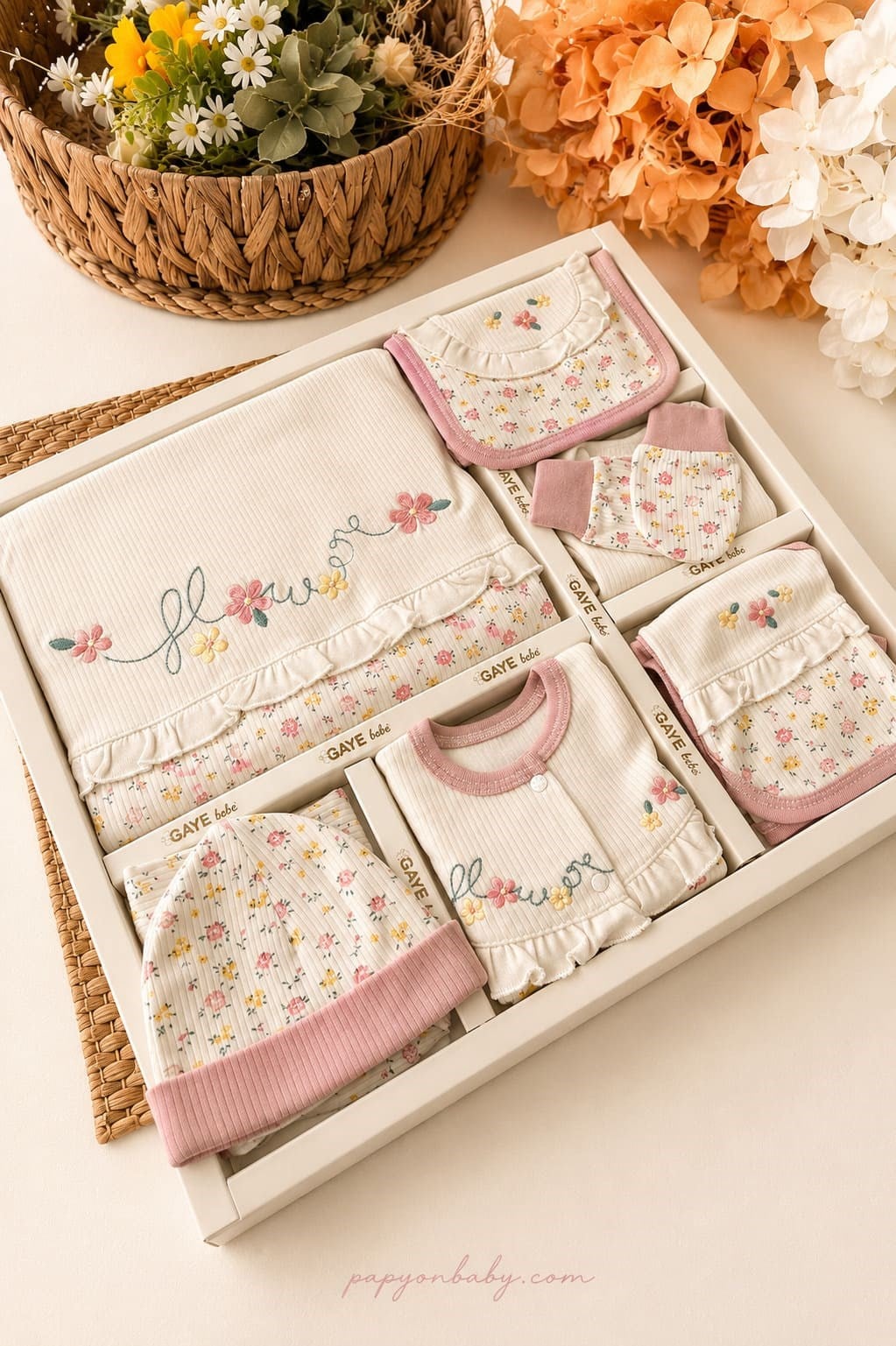 Flower Nakışlı Kız Bebek 10lu Zıbın Set Hastane Çıkışı