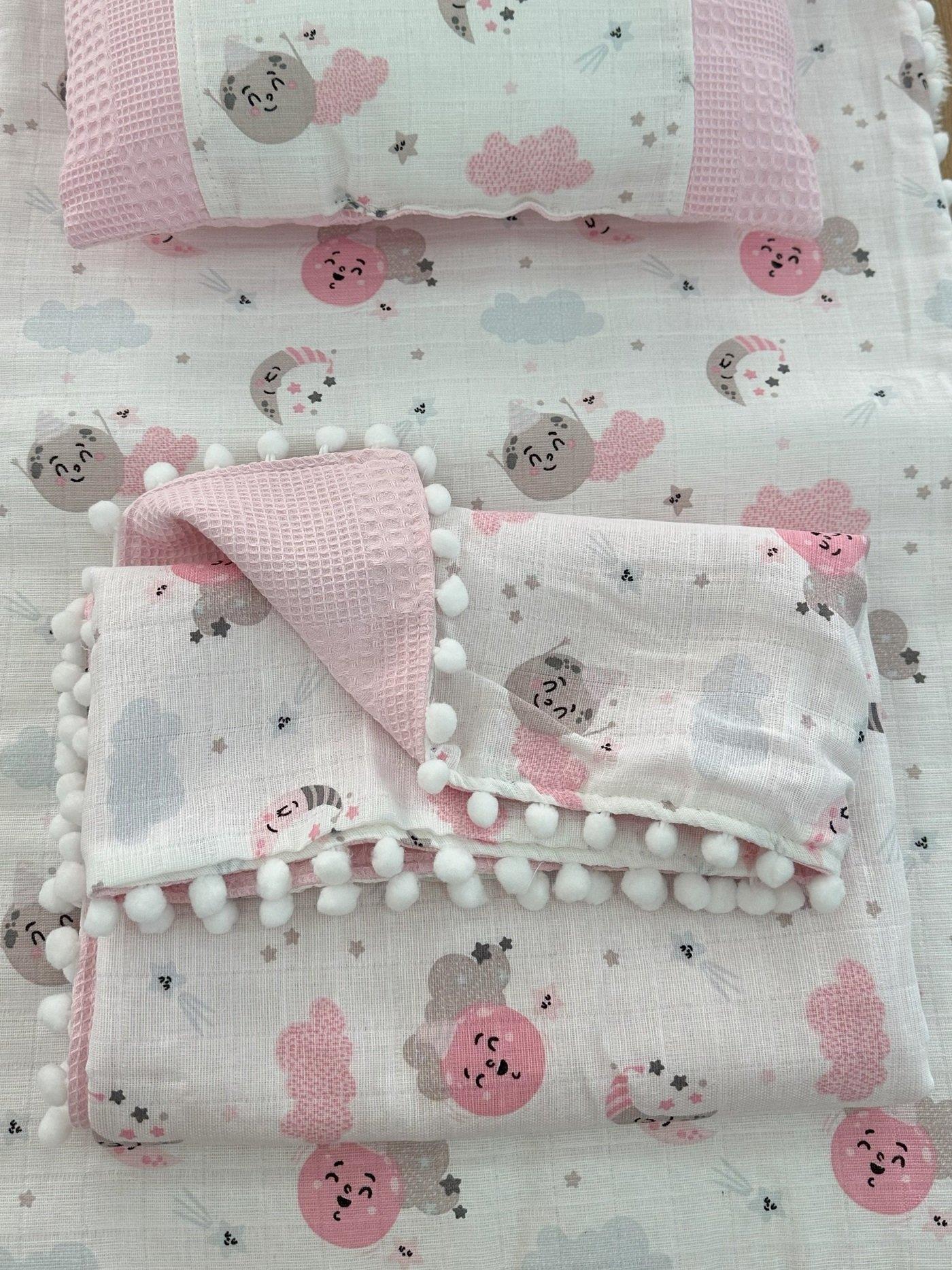 Gökyüzü Baskılı Müslin Pembe Pike Alt Açma Battaniye Yastık 3lü Set