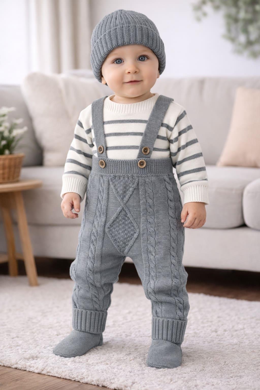 Çizgili Kazaklı Bereli Askılı Pantolonlu Erkek Bebek 3lü Triko Takım (3-6/9-12/12-18/18-24 Ay)