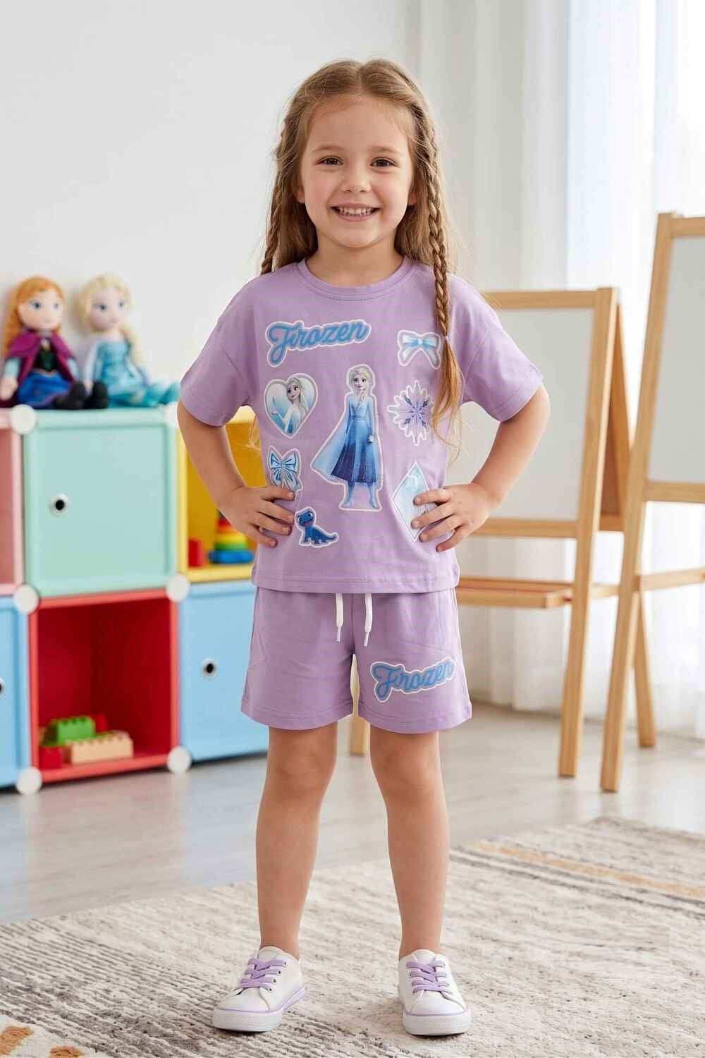 Frozen Baskılı Kız Çocuk Şortlu Takım (%100 Pamuk)(3-4/4-5/5-6/7-8/9-10 Yaş)