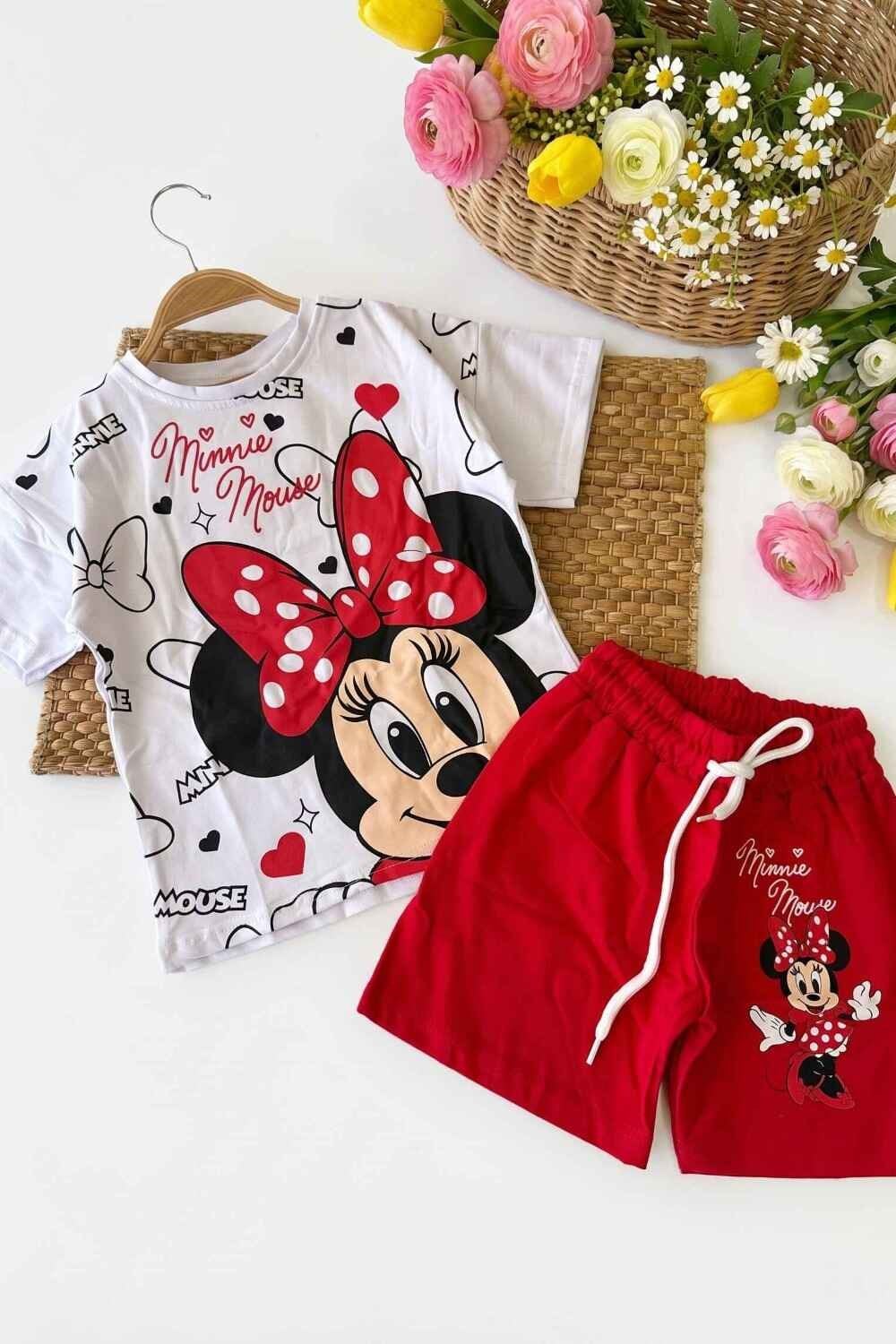 Minnie Mouse Baskılı Kız Çocuk Şortlu Takım (%100 Pamuk)(3-4/4-5/5-6/7-8/9-10 Yaş)