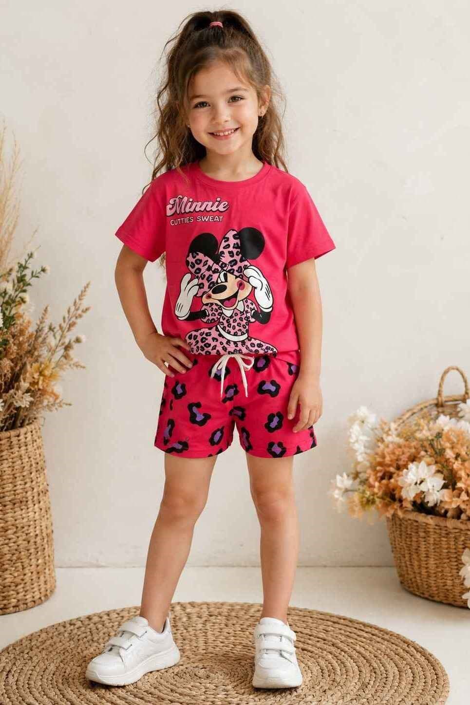 Minnie Mouse Baskılı Kız Çocuk Şortlu Takım (%100 Pamuk)(3-4/4-5/5-6/7-8/9-10 Yaş)