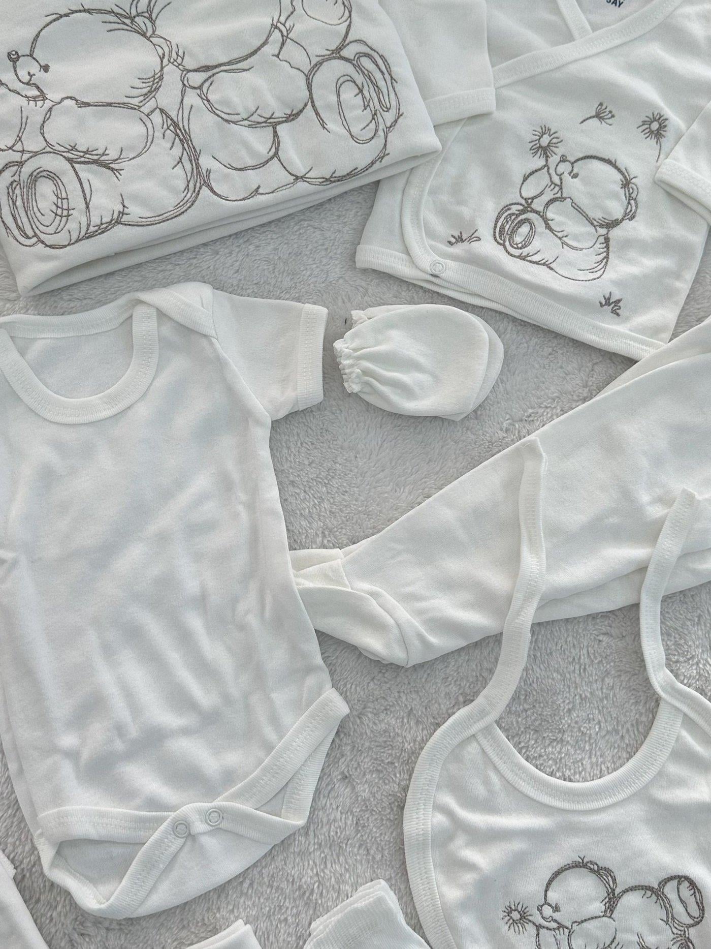 Karakalem Ayıcık Nakışlı Unisex Bebek 10lu Hastane Çıkışı