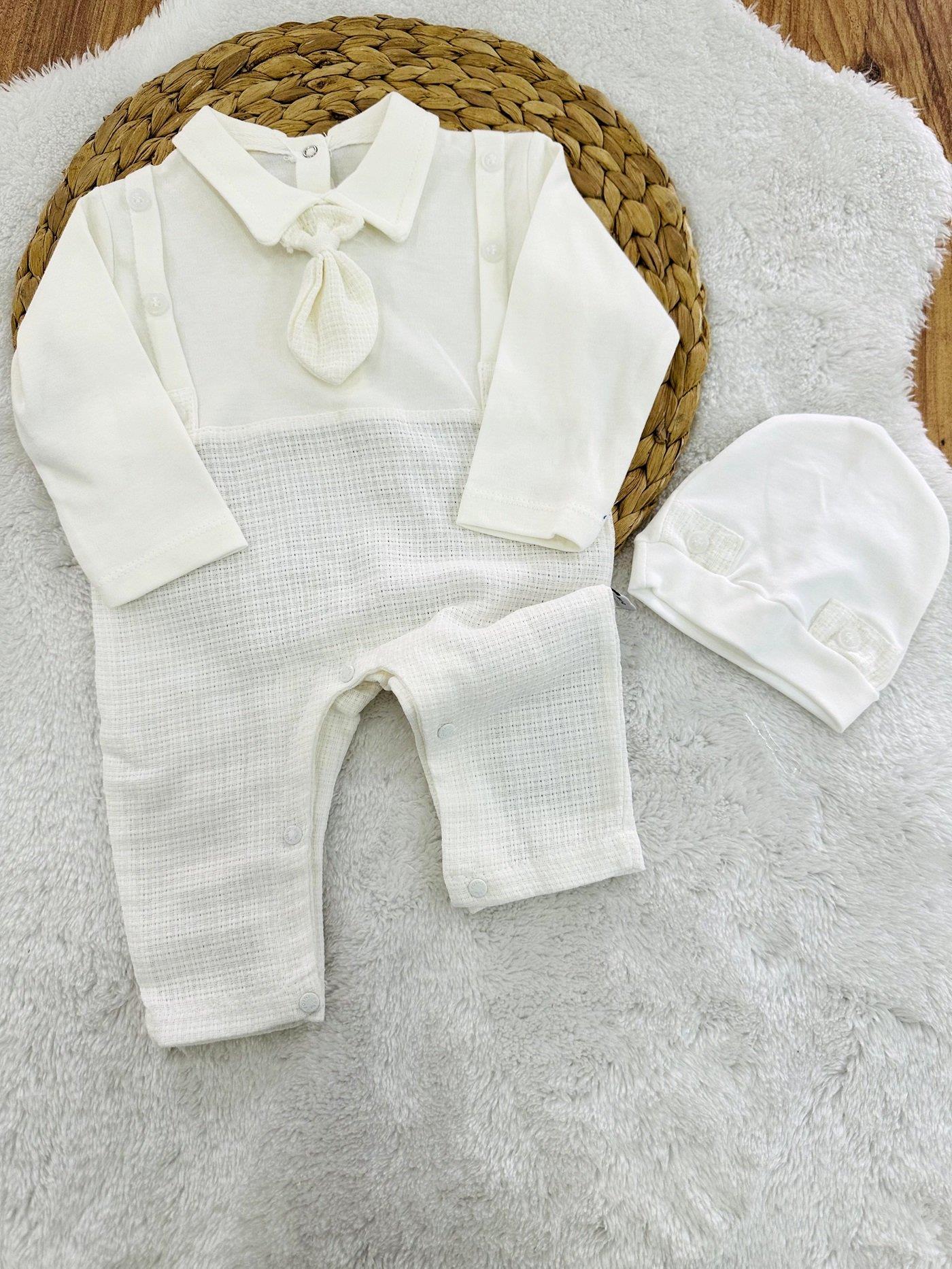 Kravatlı Erkek Bebek Dokuma Tulum Bere Set 0-3/3-6/6-9 Ay
