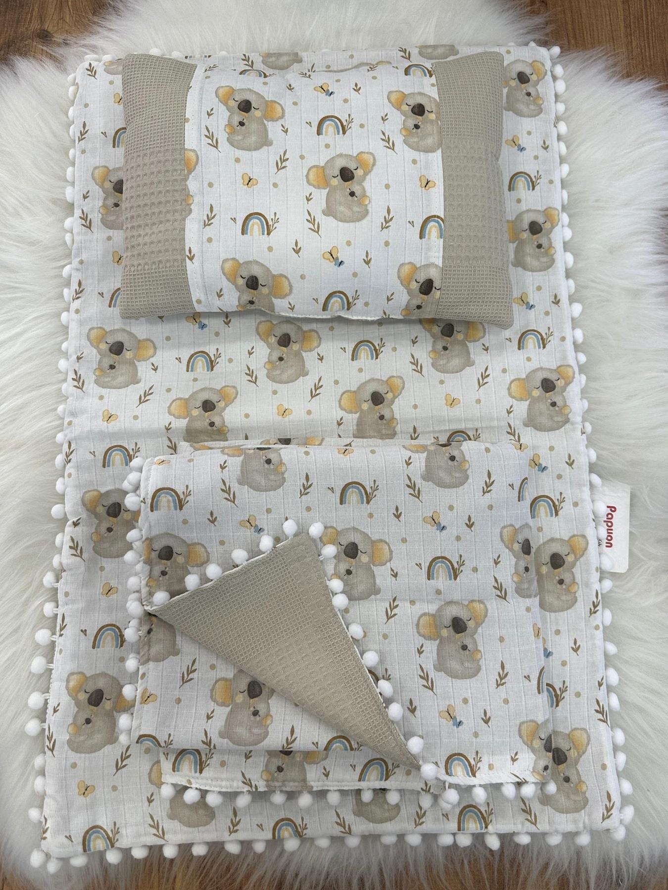 Koala Baskılı Müslin Pike Alt Açma Battaniye Yastık 3lü Set