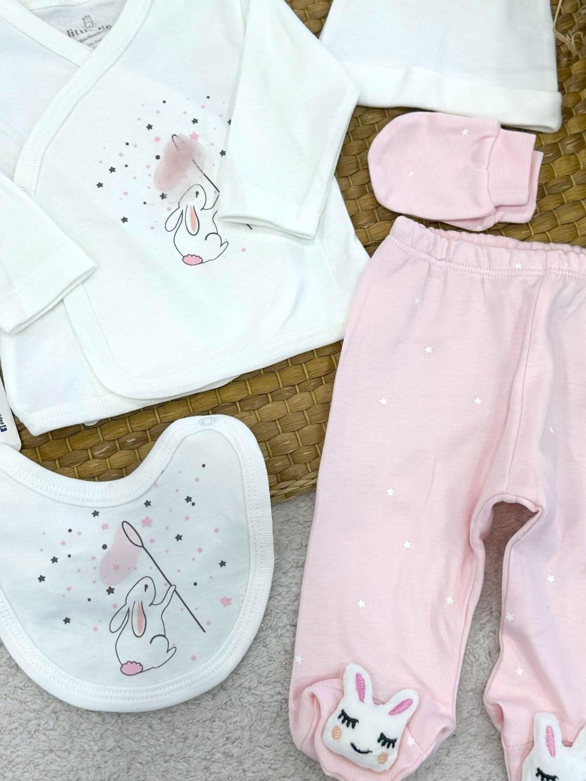 Tavşan Model Yenidoğan Kız Bebek 5li Zıbın Set Hastane Çıkışı