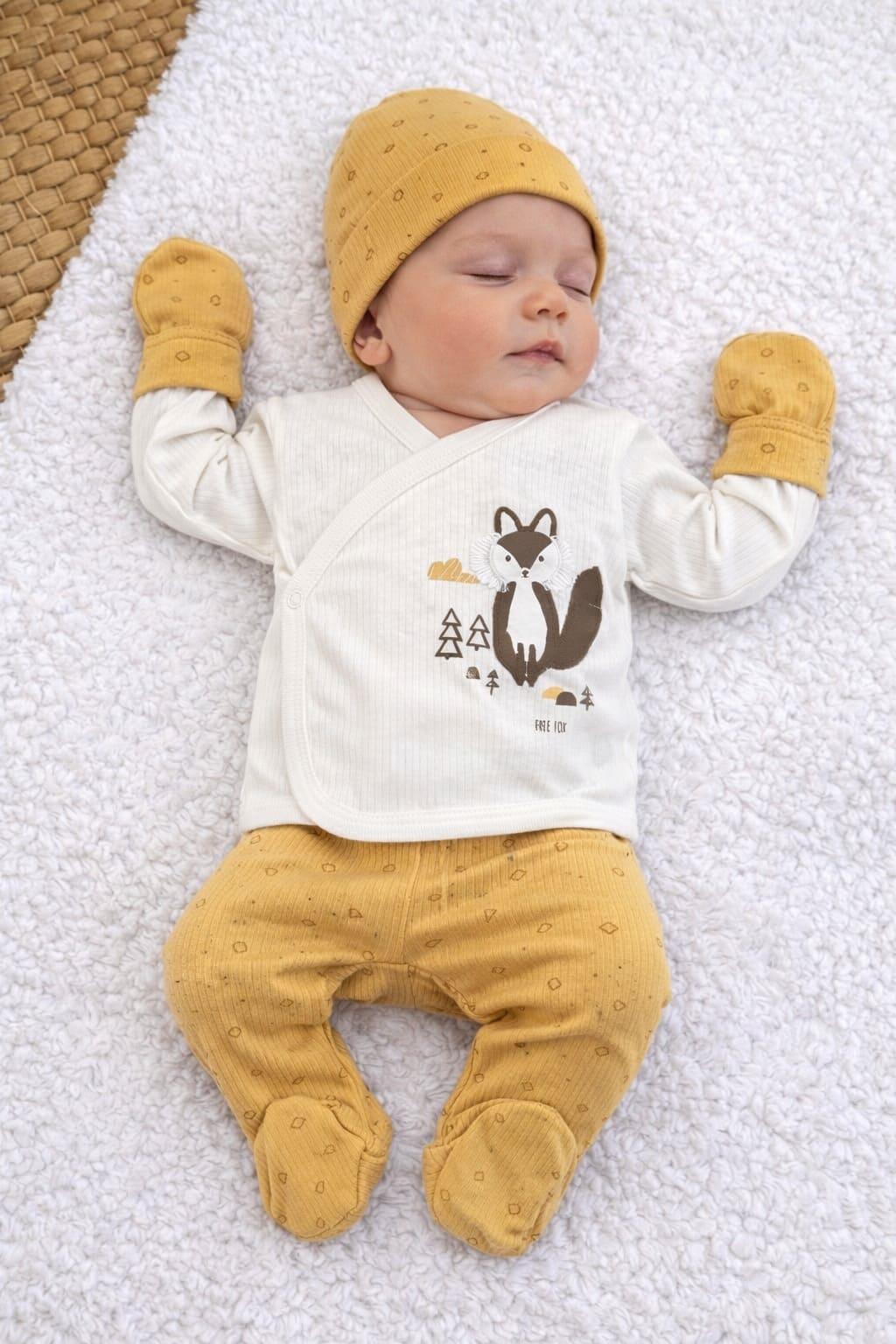 Tilki Nakışlı Fitilli Yenidoğan Erkek Bebek 5li Zıbın Set