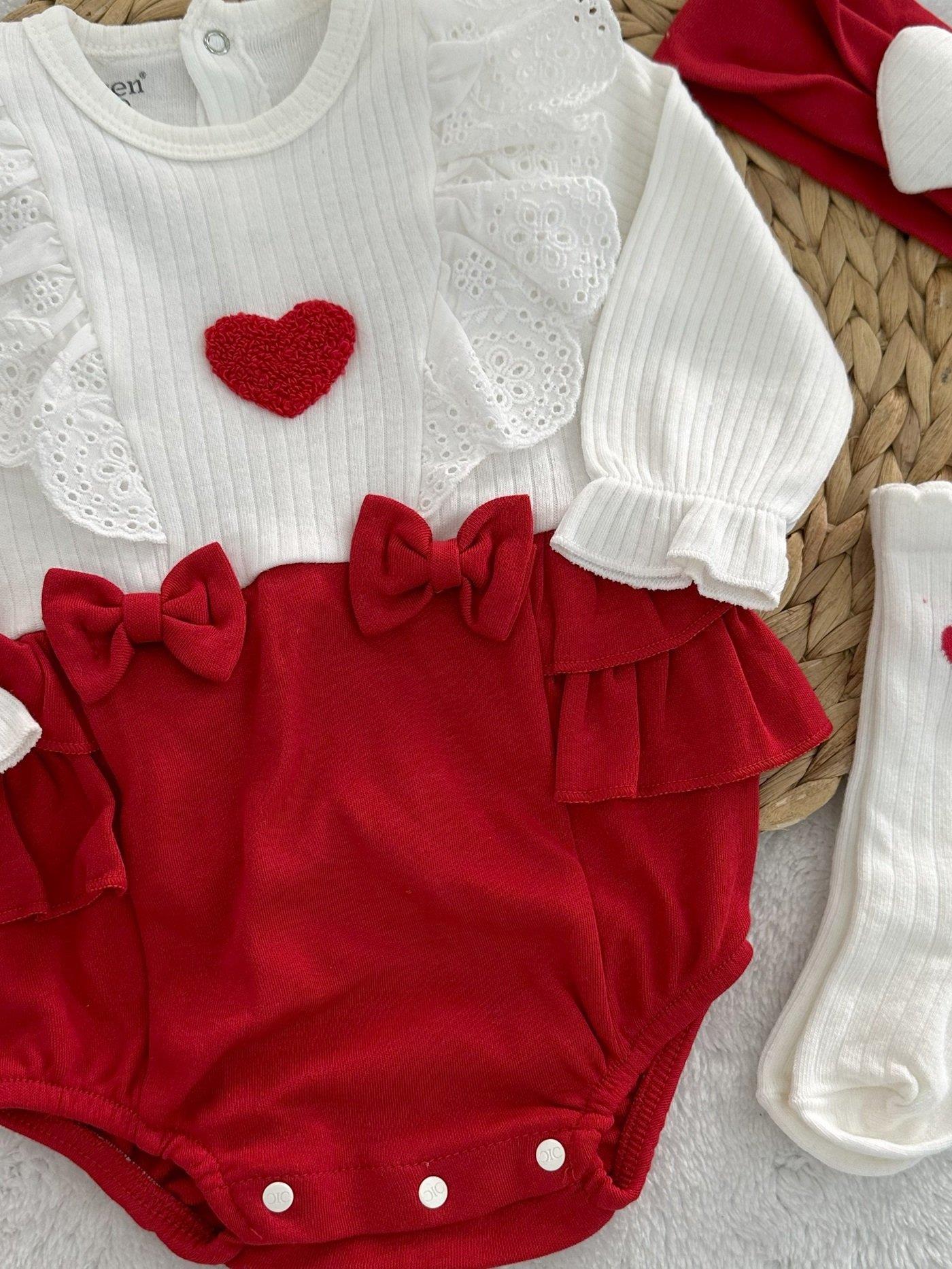 Lottie Süzene Kalp Nakışlı Güpürlü Kız Bebek Bandana Çorap Romper 3lü Takım 3-6/6-9/9-12 Ay