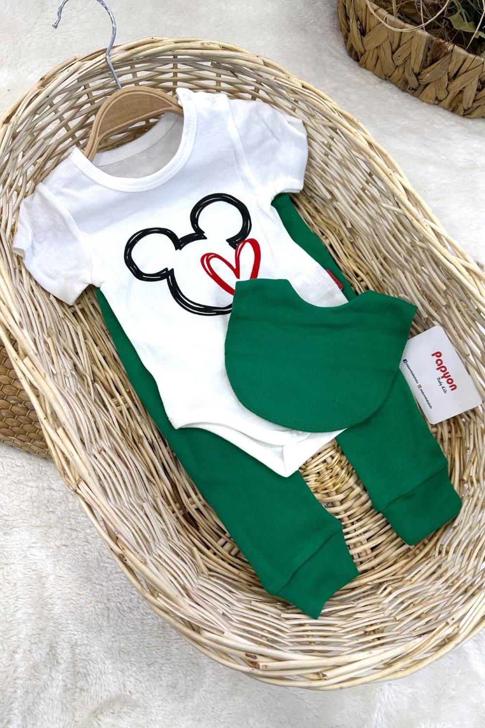Mickey Mouse Baskılı Erkek Bebek 3lü Takım (3-6/6-9/9-12 Ay)