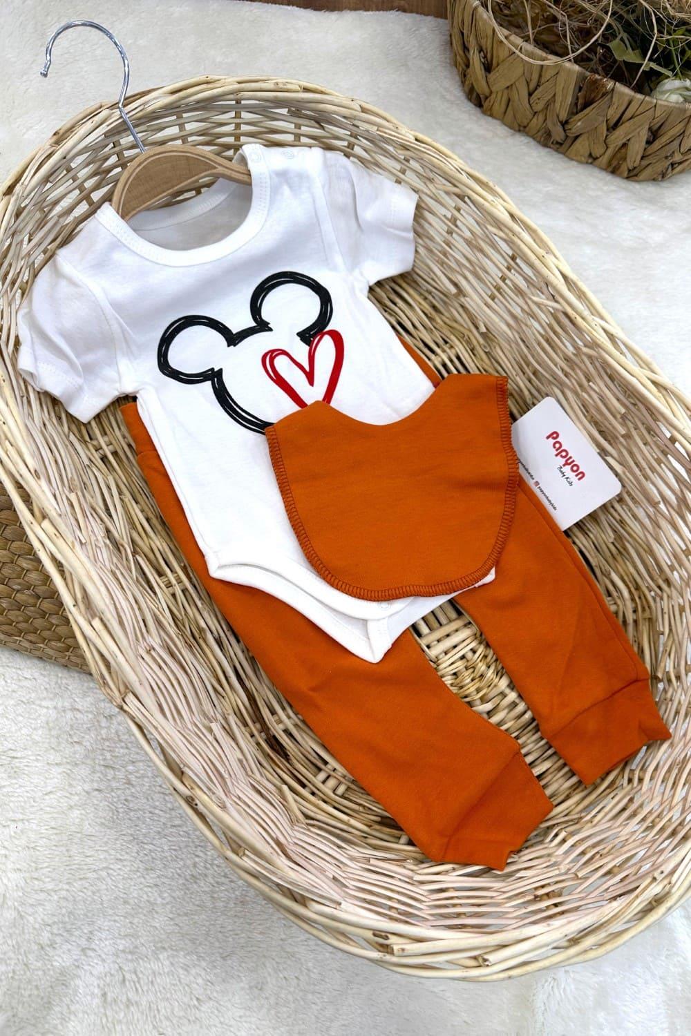 Mickey Mouse Baskılı Erkek Bebek 3lü Takım (3-6/6-9/9-12 Ay)