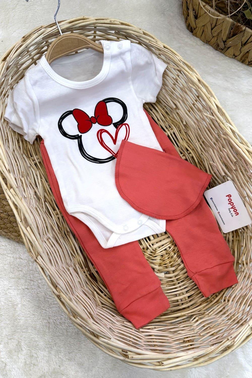 Minnie Mouse Baskılı Kız Bebek 3lü Takım (3-6/6-9/9-12 Ay)