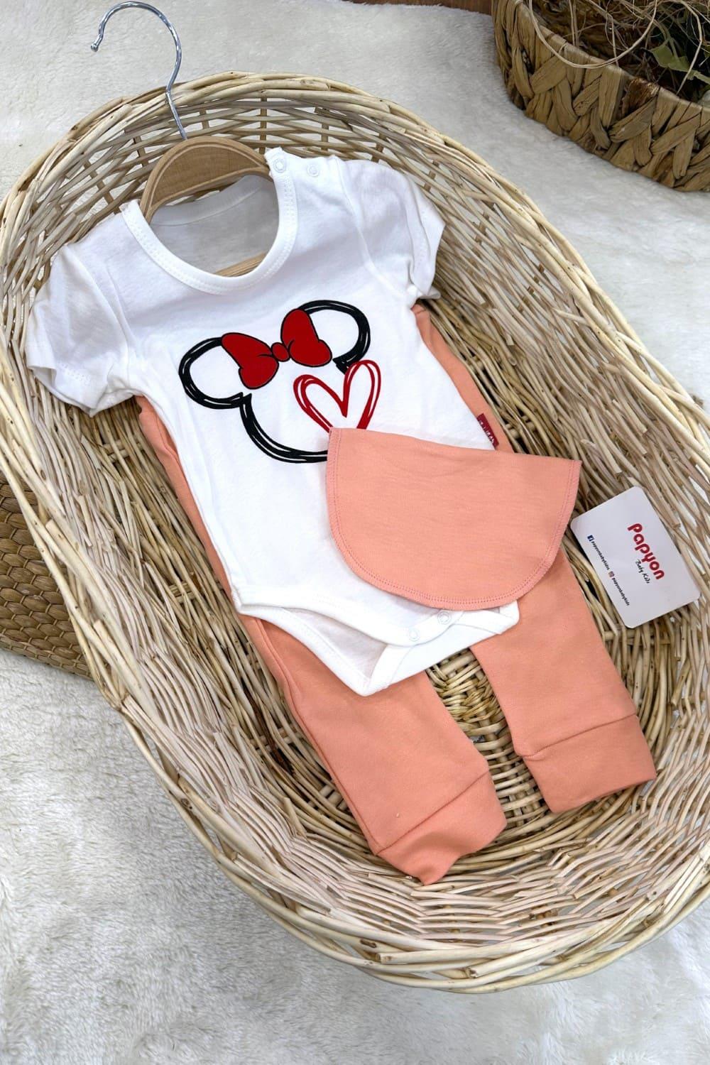 Minnie Mouse Baskılı Kız Bebek 3lü Takım (3-6/6-9/9-12 Ay)