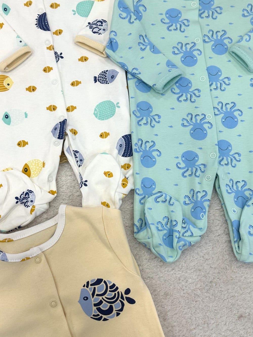 Deniz Canlıları Uniseks Bebek Patikli 3lü Tulum Set (0-3/3-6/6-9 Ay)